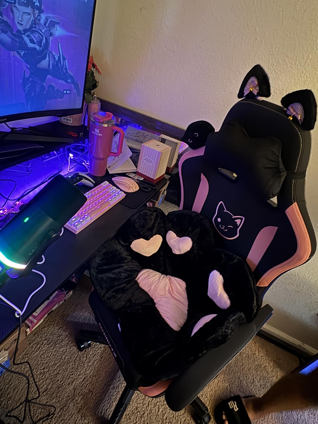 Dowinx Gaming Chair Cute with Cat Ears and Massage Lumbar Support, Ergonomic Computer Chair for Girl with Footrest and Headrest, Comfortable Reclining Game Chair 290lbs for Adult, Teen, White customer photo 2