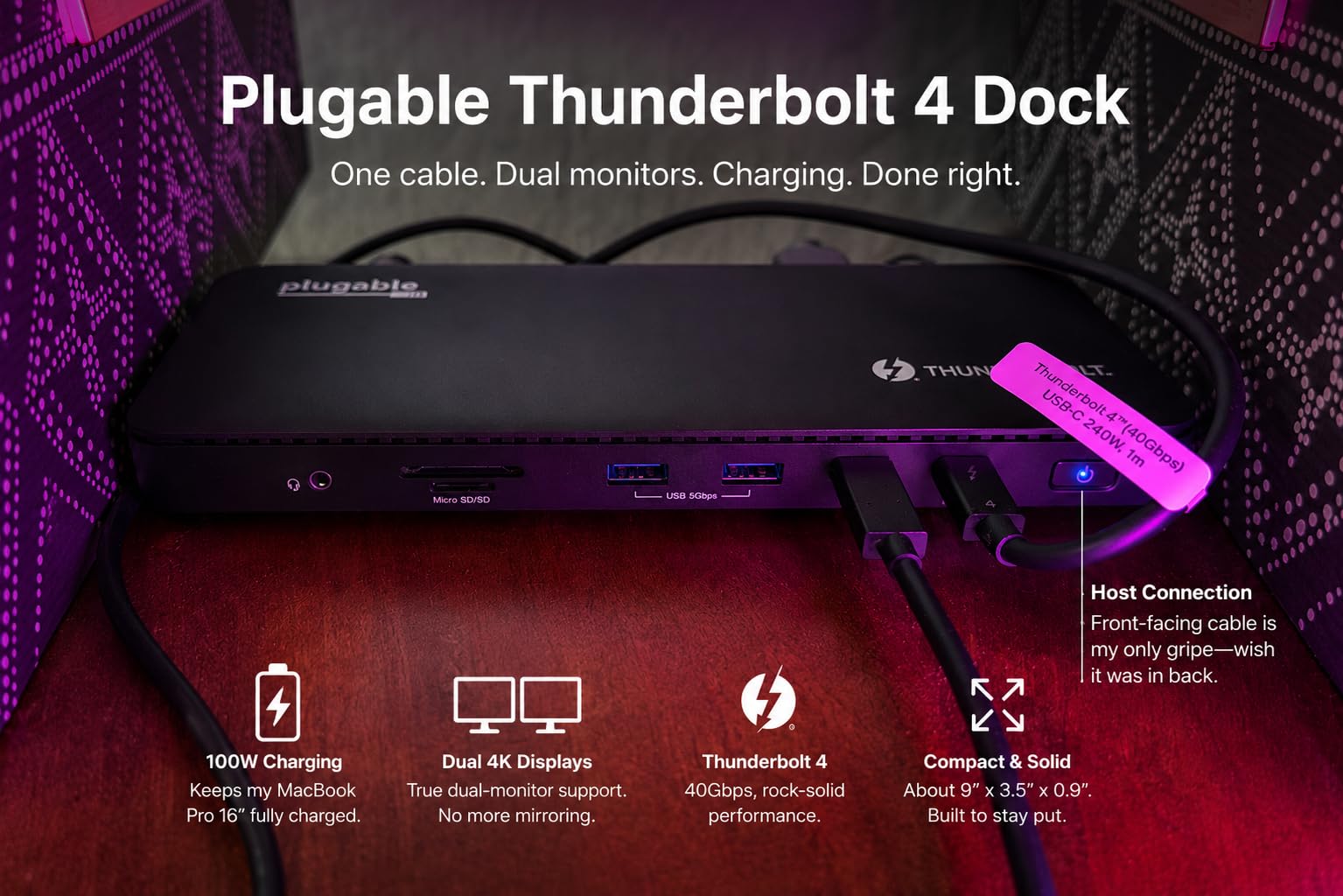 Plugable Thunderbolt 4 Dock with 100W Charging, Thunderbolt Certified, Dual Monitor Single 8K or Dual 4K HDMI for Windows and Mac, 4X USB, Gigabit Ethernet customer photo 1