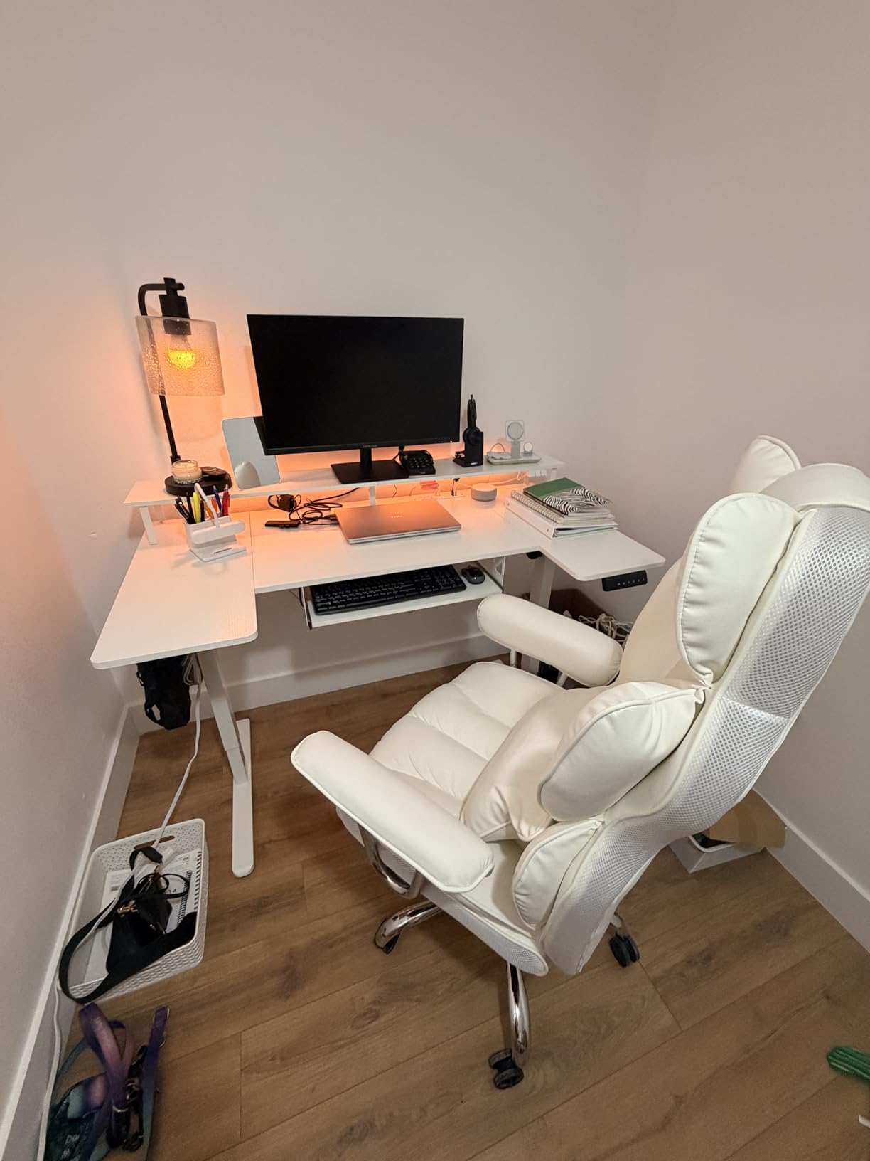 OffiGo U Shaped Electric Standing Desk with Keyboard Tray, 55 Inch Height Adjustable Desk with Power Outlets & LED Lights, Sit Stand Table with Monitor Stand for Home, Office, White customer photo 1
