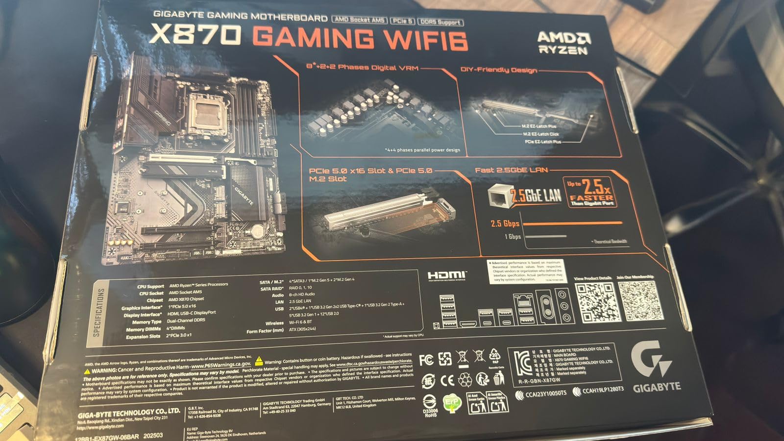 GIGABYTE X870 Gaming WIFI6 AMD AM5 LGA 1718 Motherboard, ATX, DDR5, 3X M.2, PCIe 5.0, USB4, WiFi 6, 2.5GbE LAN, EZ-Latch, 5-Year Warranty customer photo 2