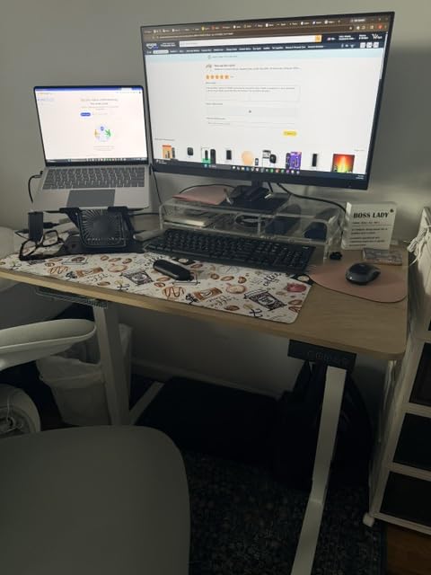 FEZIBO Standing Desk, 48 x 24 Inches Electric Height Adjustable, Sit and Stand Up, Computer Office Desk with Splice Board, White Frame/Maple TOP customer photo 1
