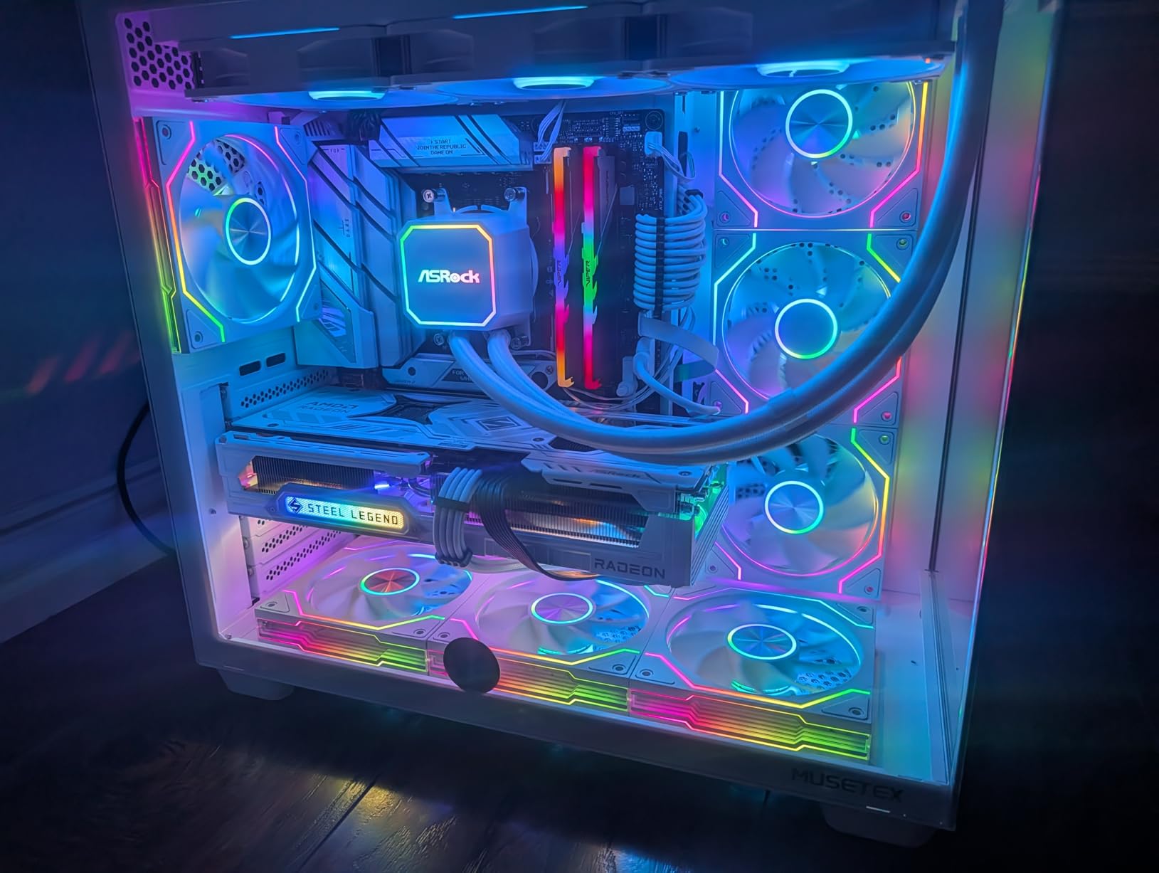 MUSETEX Y6 PC Case, Pre-Installed 7 Infinity Mirror PWM ARGB Fans, ATX Mid Tower Computer Case, Gaming PC Case with Type-C, 270° Full View Tempered Glass, White customer photo 1