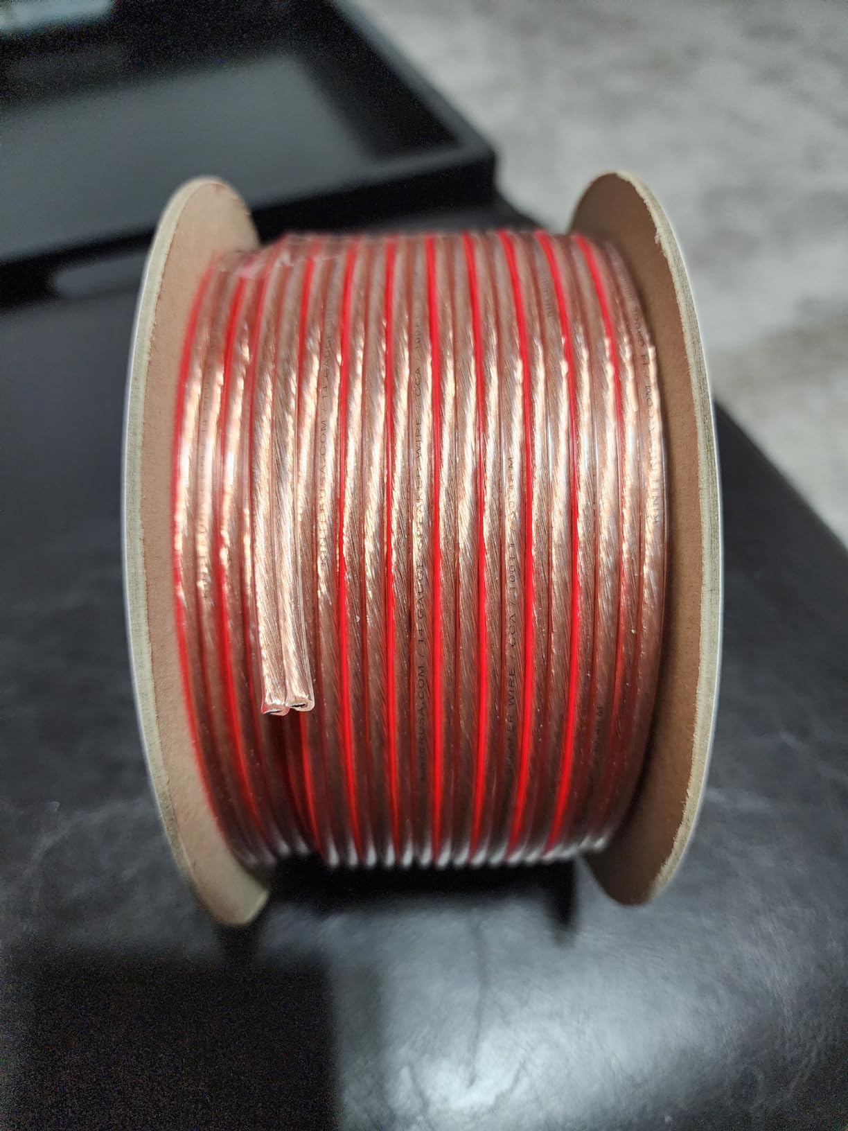 Kinter Cable 100ft 14-Gauge Audio Stereo Speaker Wire 30.48 Meters 2 Conductor Polarity Marked Clear PVC, CCA, Spool in Box, for Home Theater, HiFi, Surround, Car Audio, 117 High Strand Count (.15 OD) customer photo 2