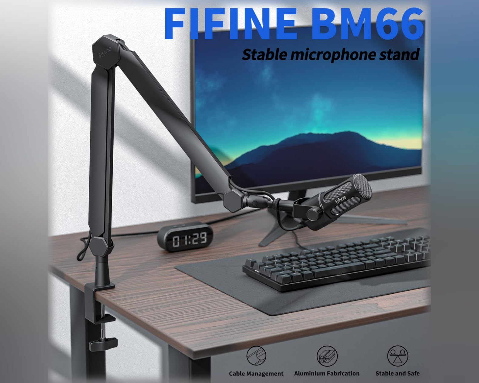 FIFINE BM66 Heavy Metal Microphone Boom Arm Stand for Podcast Recording | Mic Arm Stand,Desk Clamp, Cable Channels, 3/8