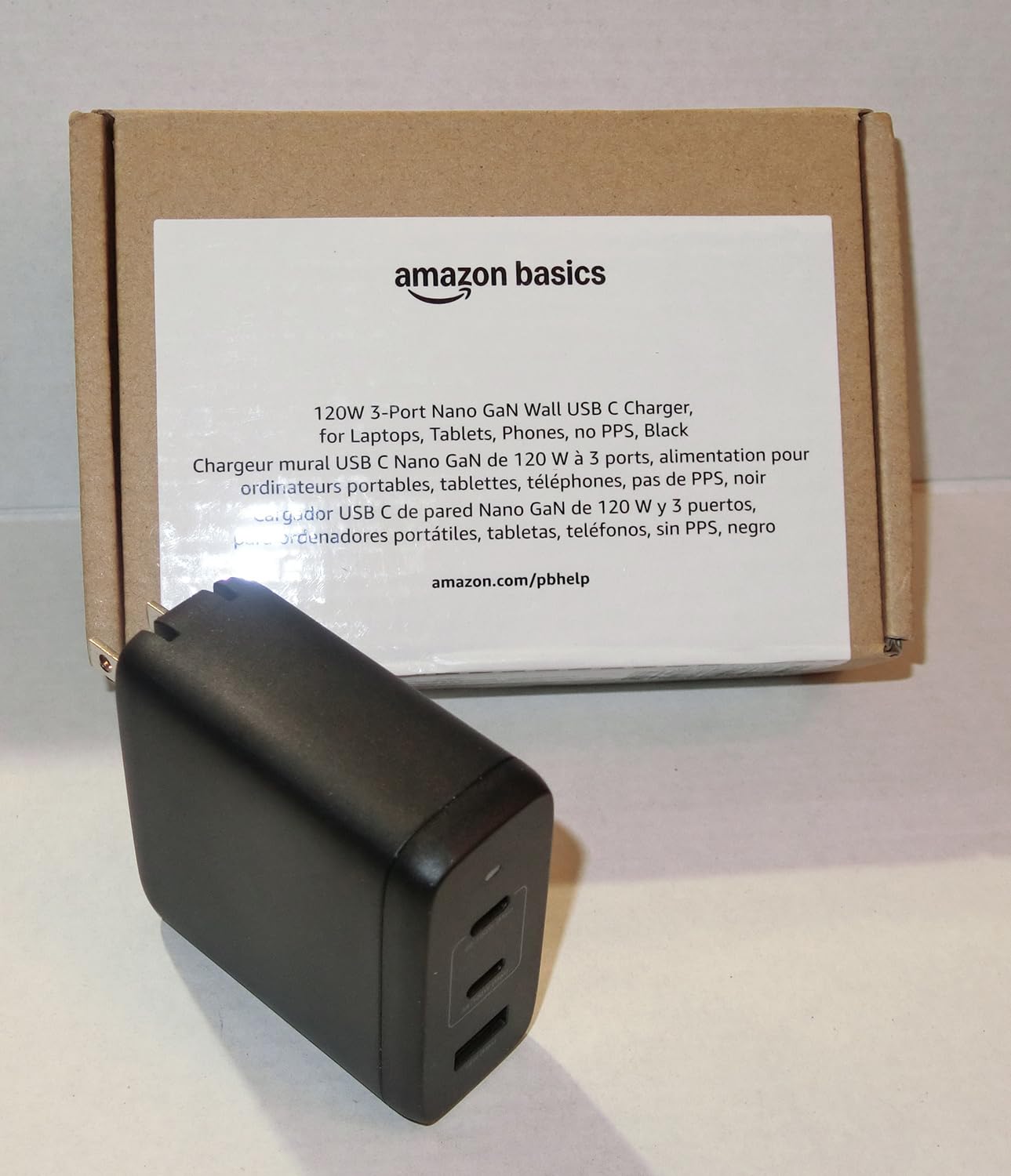 Amazon Basics 120W Fast Charging USB-C Nano GaN Wall Charger, 3-Port for Laptops, Tablets, Phones, Compact Travel-Friendly Size, Black customer photo 1