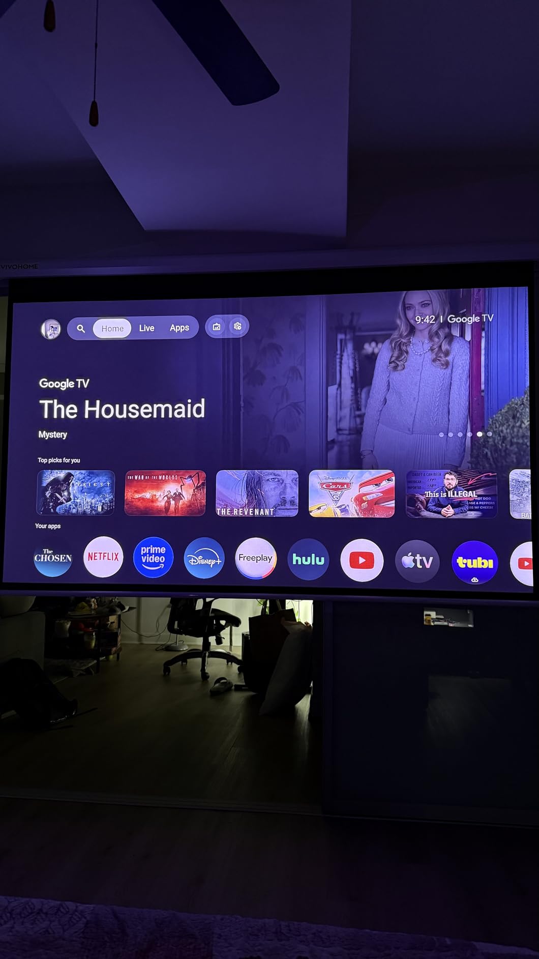 VIVOHOME 84 Inch 16:9 Motorized Projector Screen, Black | Electric Projection Screen with Remote Control, Automatic Pull Down Movie Screen for Ceiling and Wall Mount, ALR, Retractable customer photo 1