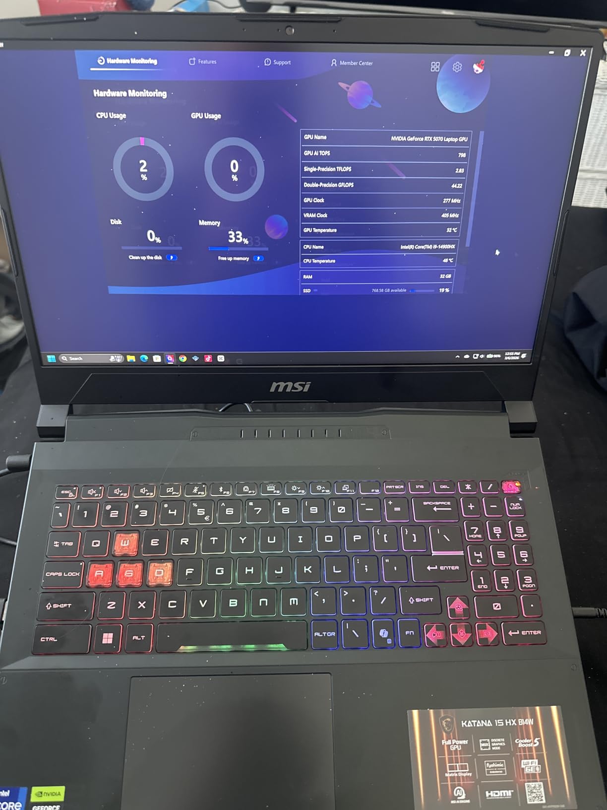 MSI Katana 15 HX 15.6 inch 165Hz QHD+ Gaming Laptop, Intel Core i9-14900HX, NVIDIA GeForce RTX 5070, 32GB DDR5, 1TB NVMe SSD, RGB Keyboard, Win 11 Home, Black B14WGK-016US customer photo 1