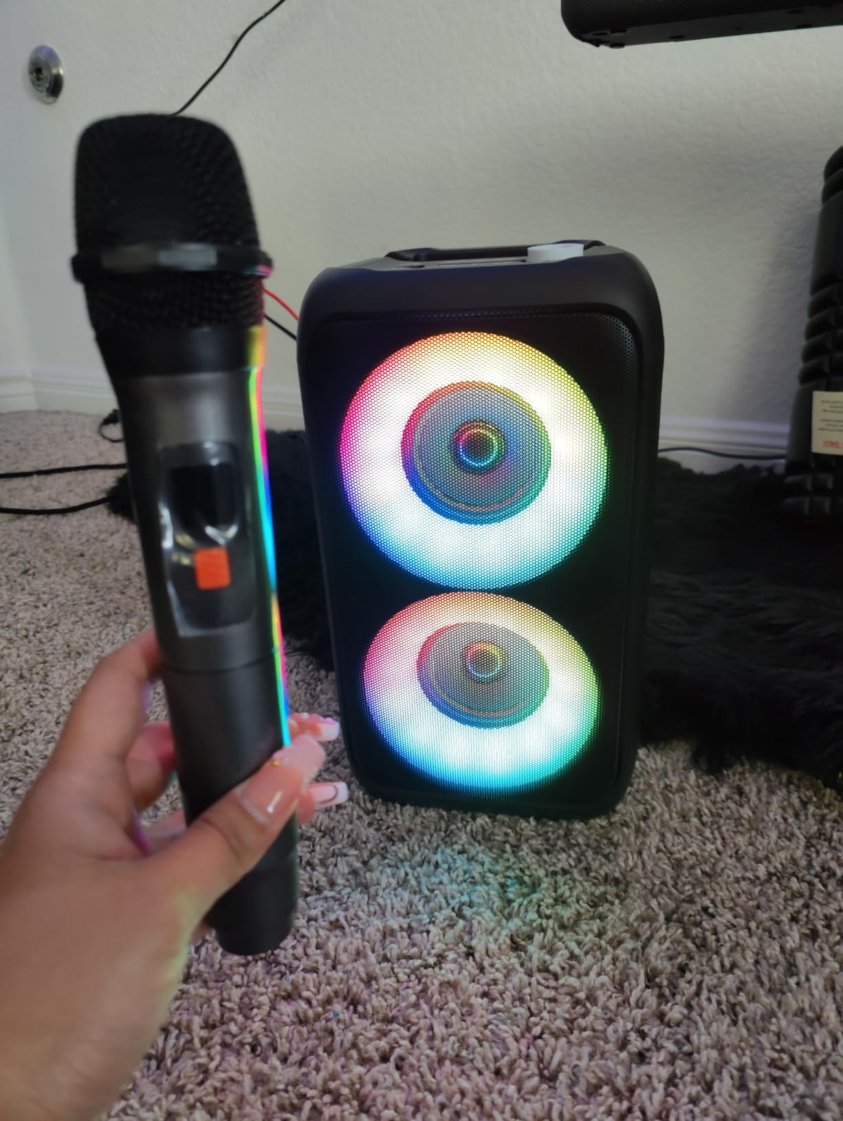Bluetooth Speaker with 2 Wireless Microphones - Big Party Speaker for Adults Kids Karaoke with Lights - Portable Rechargeable Floorstanding Speakers Support TWS/AUX/USB/TF Card for Home Party Gift customer photo 1