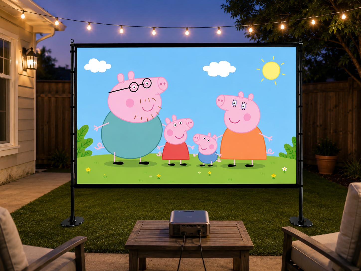 150 inch Projector Screen with Stand, 16:9 4K HD Portable Outdoor Movie Screen, Wrinkle-Free Foldable Indoor Projection Screen with Carry Bag & Ground Nails for Backyard Cinema Home Theater customer photo 1