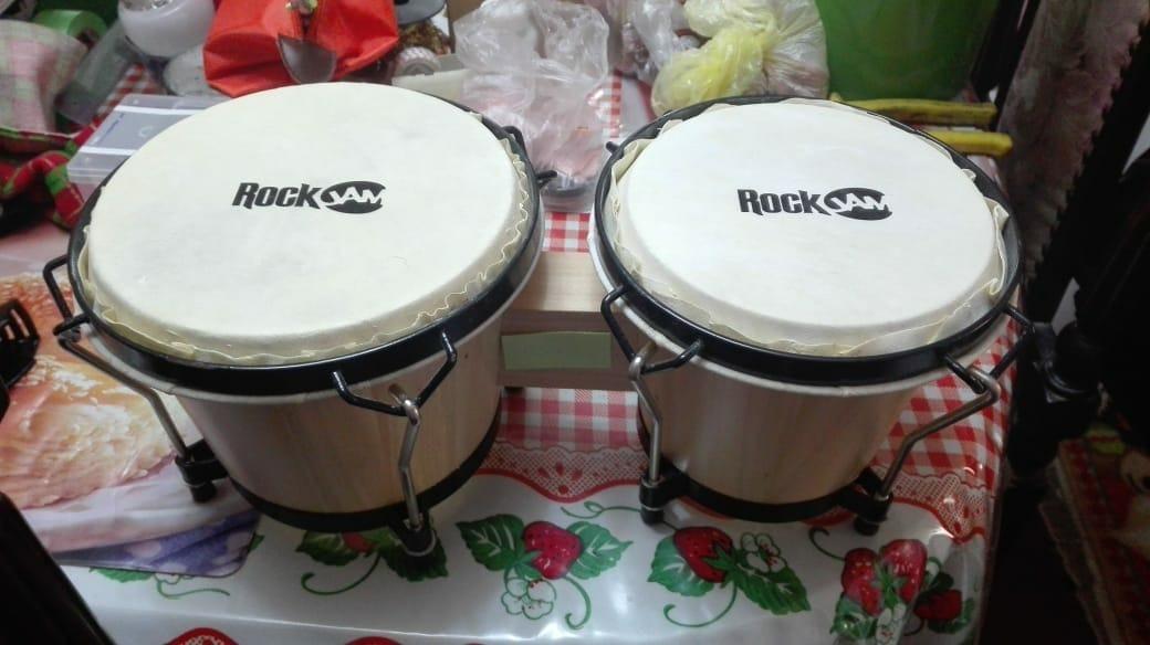 RockJam 7 & 8 Inch Wood Bongo Drums with Bag & Tuning Key, Red/Natural | Wood bongo drum set with tunable caprine skin heads, padded carry bag and tuning key for kids, adults and beginners customer photo 1