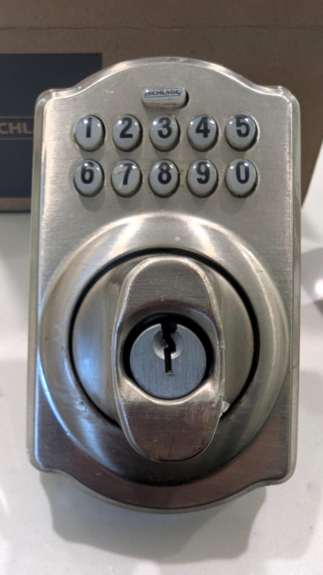 Schlage Electronic Keypad Deadbolt Lock, Camelot Trim, Satin Nickel - Keyless entry door lock, Push button keypad deadbolt, Key backup included, Certified security, Easy install, BE365 customer photo 2