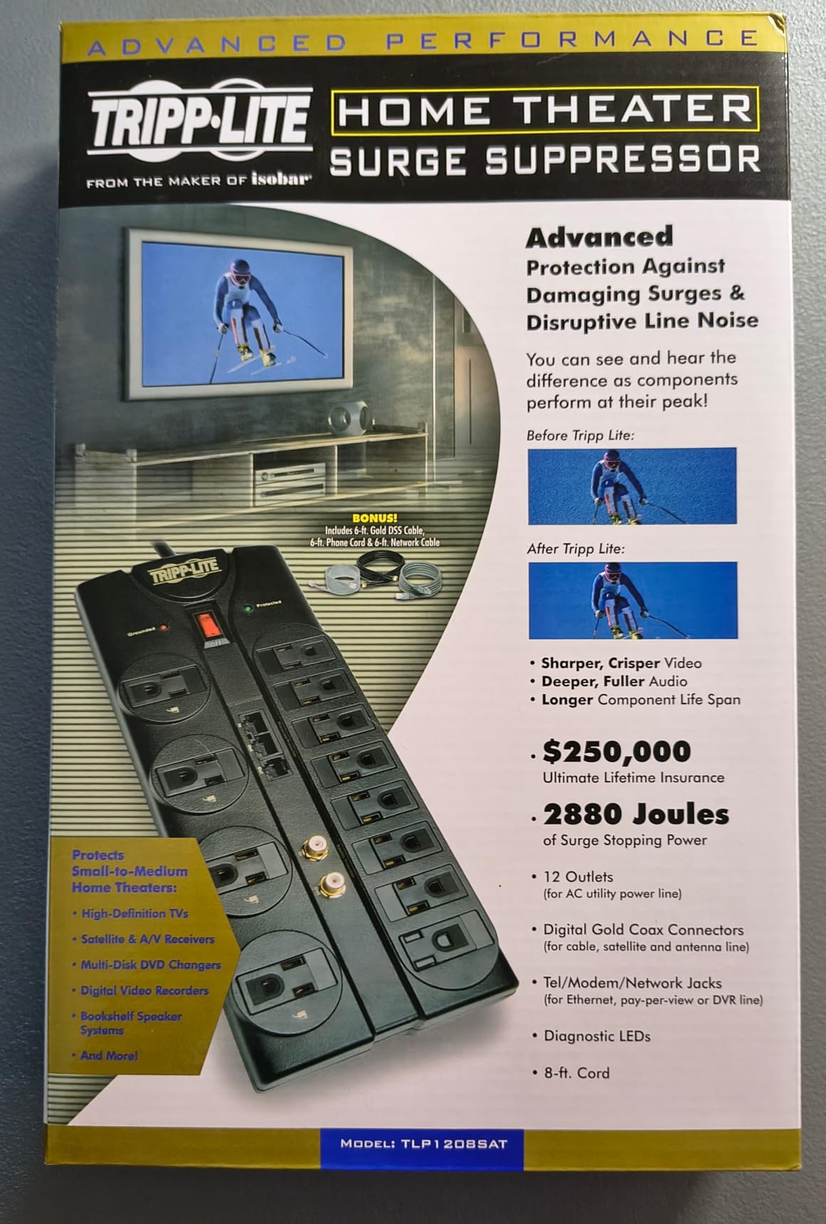 Eaton Tripp Lite TLP1208SAT Flat Plug Surge Protector 12 Outlets Home TV | Coax, Phone & Ethernet Protection | 2880 Joules, 8ft Extension Cable, Lifetime Manufacturer's Warranty & $250,000 Insurance customer photo 2