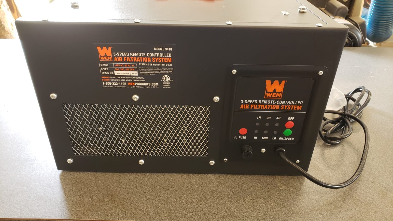 WEN 3410 3-Speed Remote-Controlled Air Filtration System (300/350/400 CFM), Basic w/ RF Remote (400 CFM), Black customer photo 2