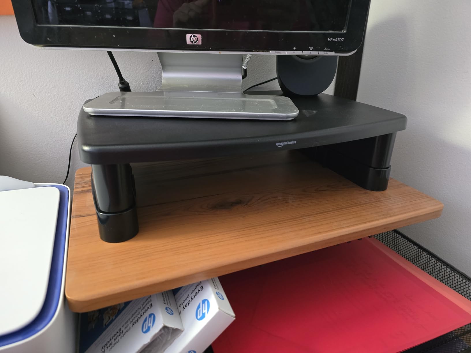 Amazon Basics Height Adjustable Monitor Stand Riser with Storage Organizer, 3-Level Stackable Design, Durable ABS Plastic, Supports up to 22lbs, for Monitors & Laptops, Black customer photo 1