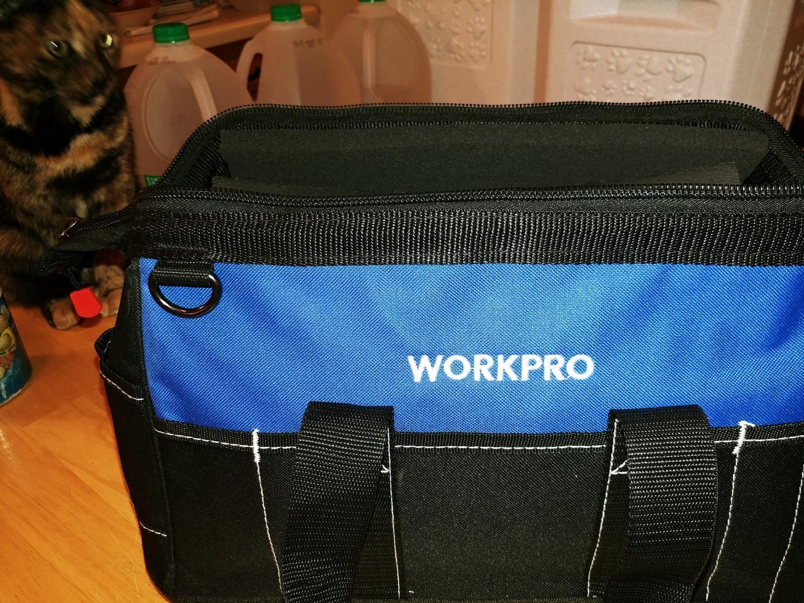 WORKPRO 16-inch Wide Mouth Tool Bag with Water-Proof Molded Base | Multi-Pocket, Heavy Duty Cloth, Adjustable Shoulder Strap, Double-pull Zipper, Suitable for Workshops, Outdoor Projects customer photo 2