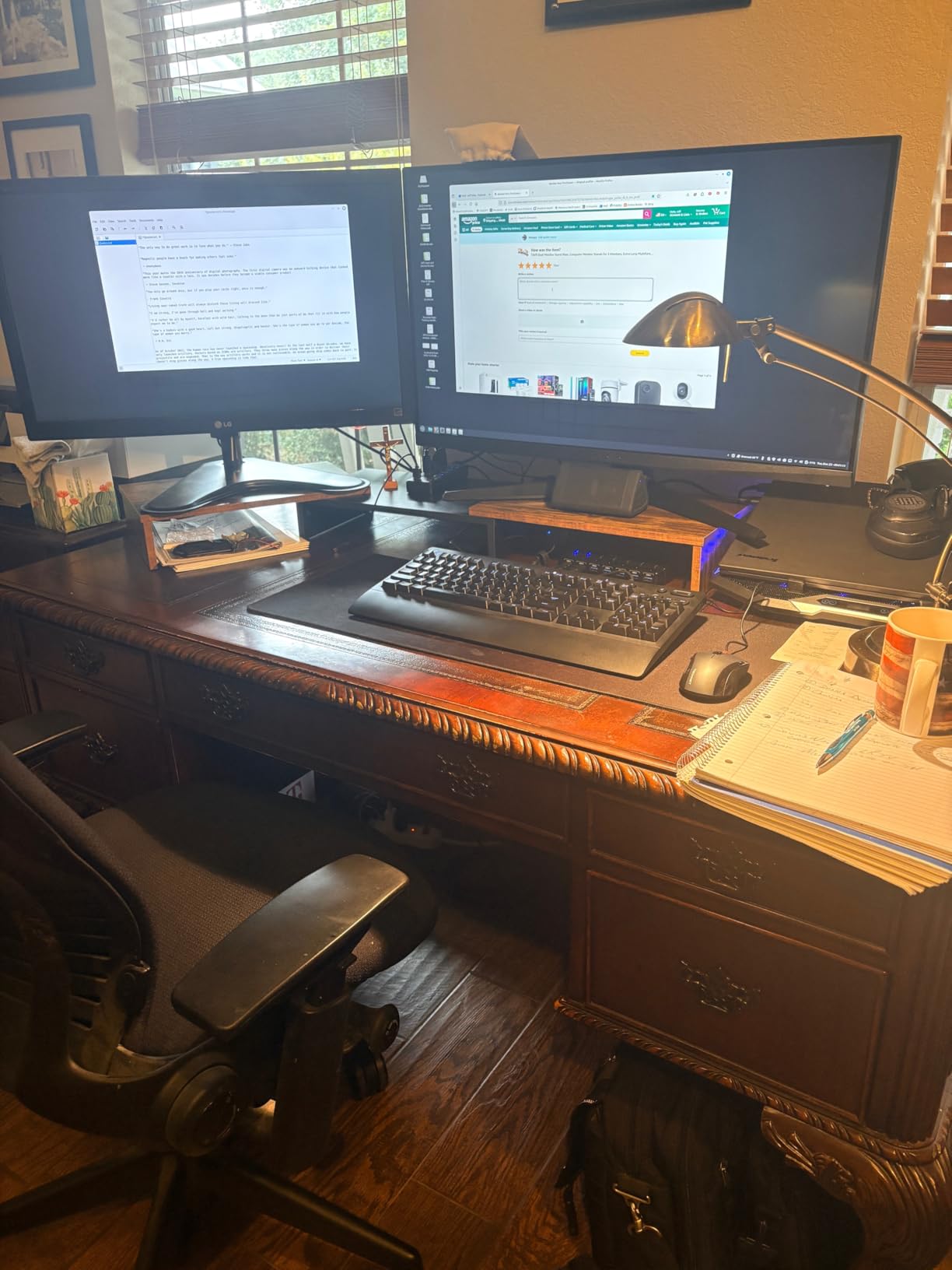 TAVR Monitor Stand Riser, Office Desktop Organizer Stand for 2 Monitors | Adjustable Length and Angle 3 Shelf, Extra Long Multifunctional Wooden Stand up to 43.3