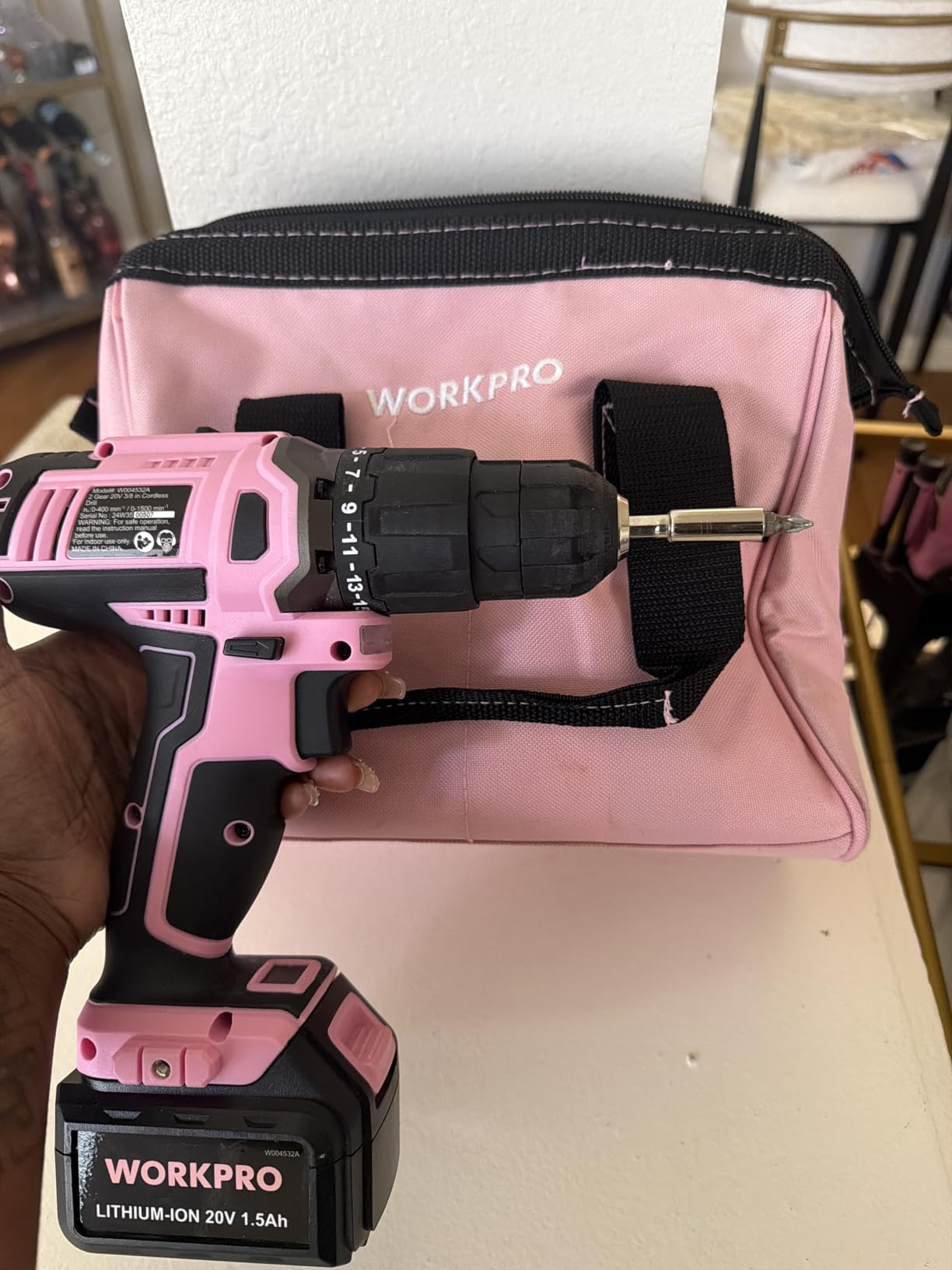 WORKPRO 20V Cordless Drill Driver Set, Pink, 3/8