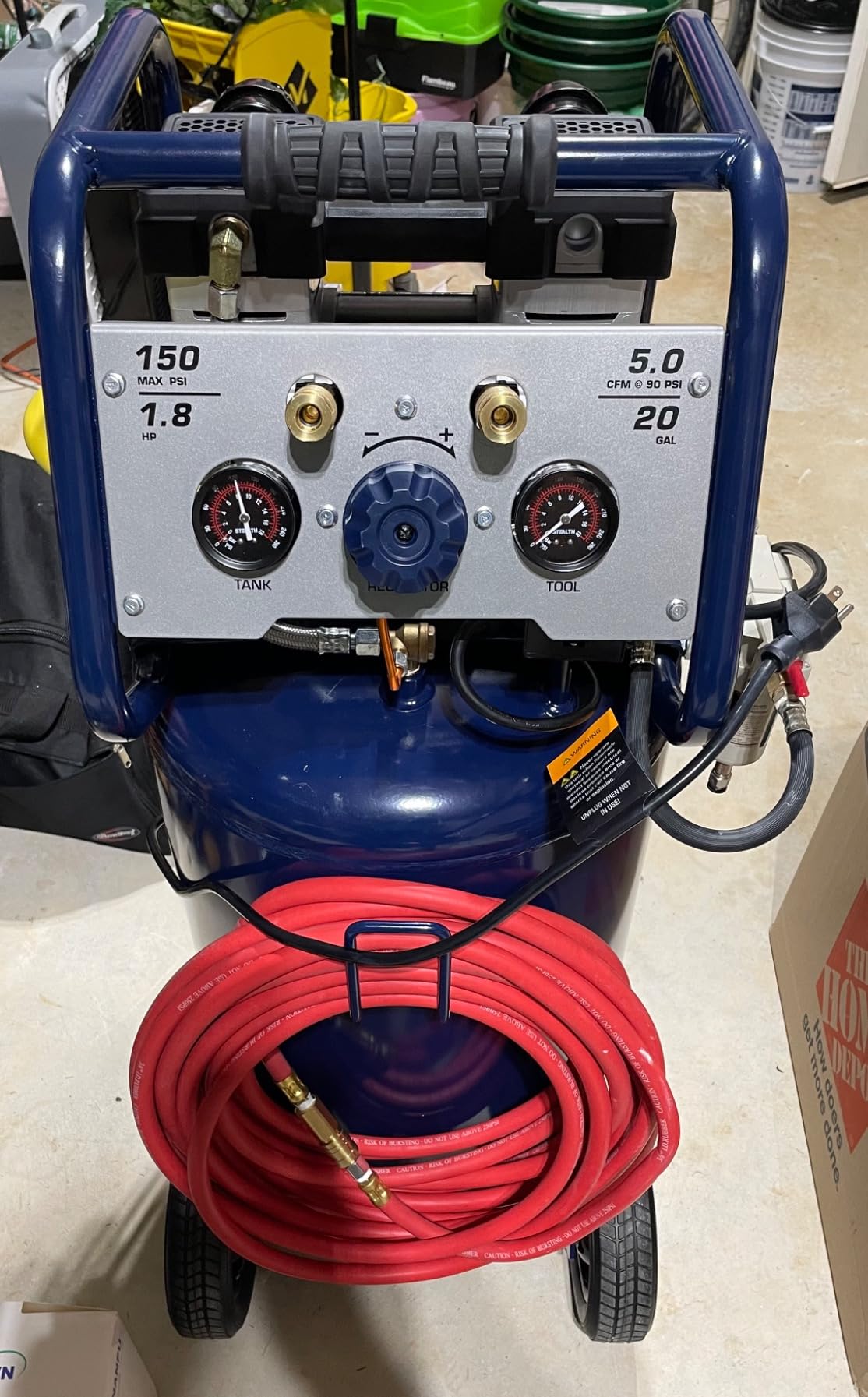 Stealth 20 Gallon Ultra Quiet Air Compressor, 1.8 HP Oil-Free Peak 150 PSI 68 Decibel, 5.5 CFM @ 40 PSI 5 CFM @ 90 PSI Silent Long Life Electric Air Compressor W/Wheel for Garage customer photo 1