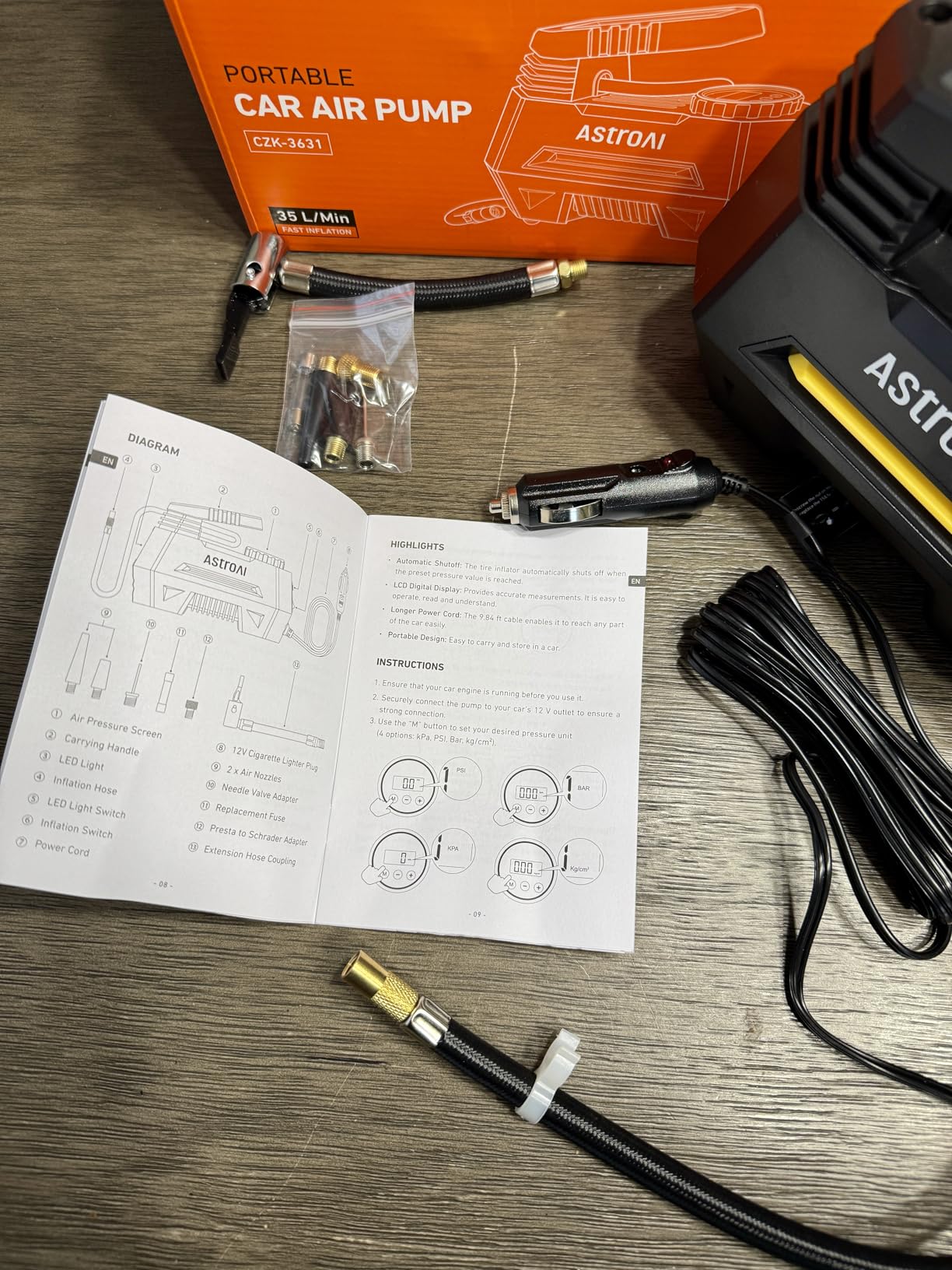 AstroAI AIRUN H Tire Inflator Portable Air Compressor, 12V DC Tire Inflator, Auto Shut-Off with Digital Pressure Gauge & LED Light, Fast Inflation for Car, Motorcycle, Bike Tires, 9.8Ft Cord, Yellow customer photo 2