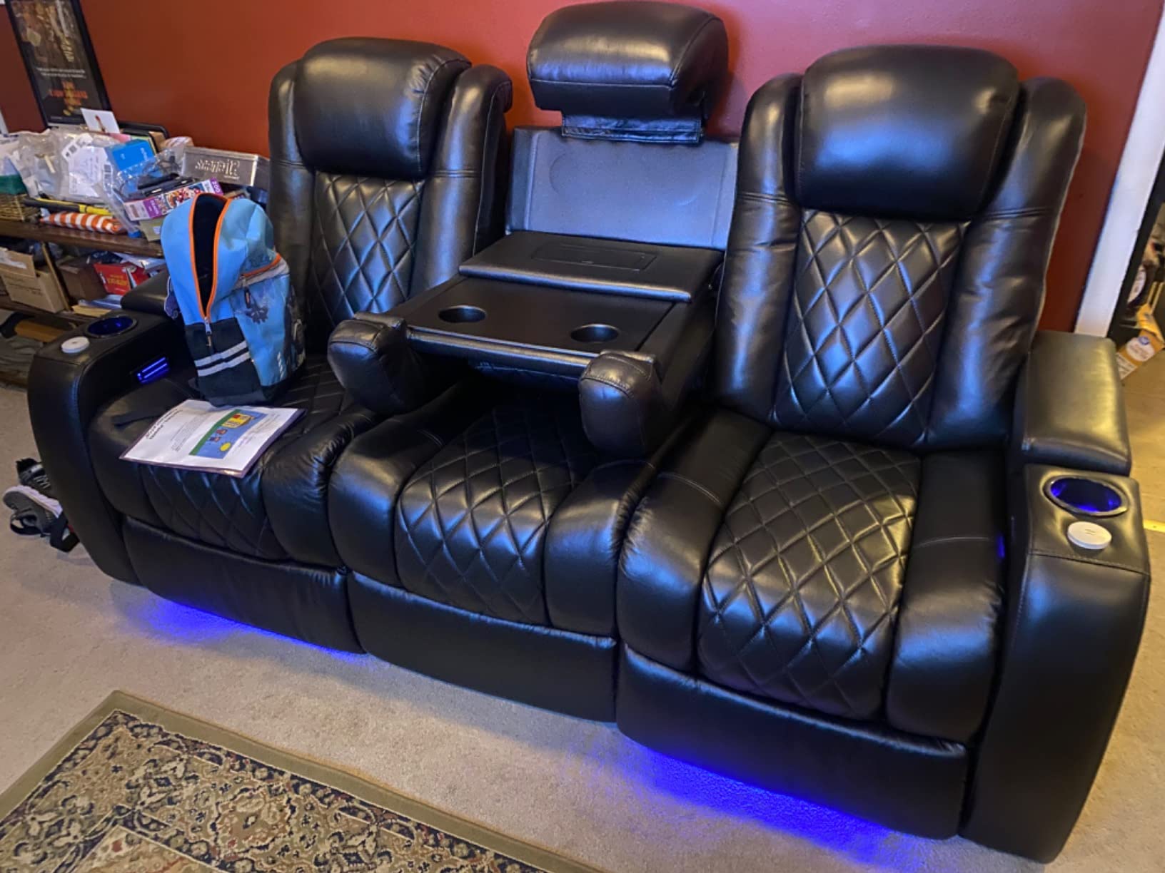 Valencia Home Theater Seating Tuscany 2025 3-Seat Power Recliner with Center Console - Top Grain Nappa 11000 Leather, Cool Gel Memory Foam, USB-C/A Charging, RGB Lights (Midnight Black) customer photo 1