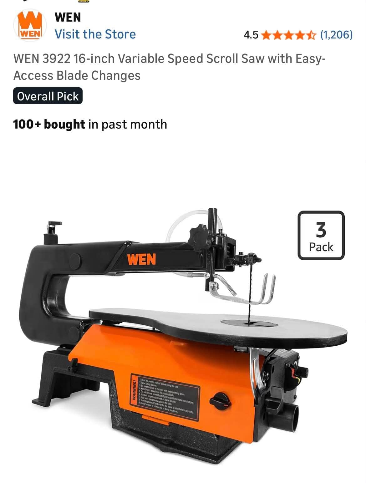 WEN 3922 16-inch Variable Speed Scroll Saw with Easy-Access Blade Changes customer photo 1