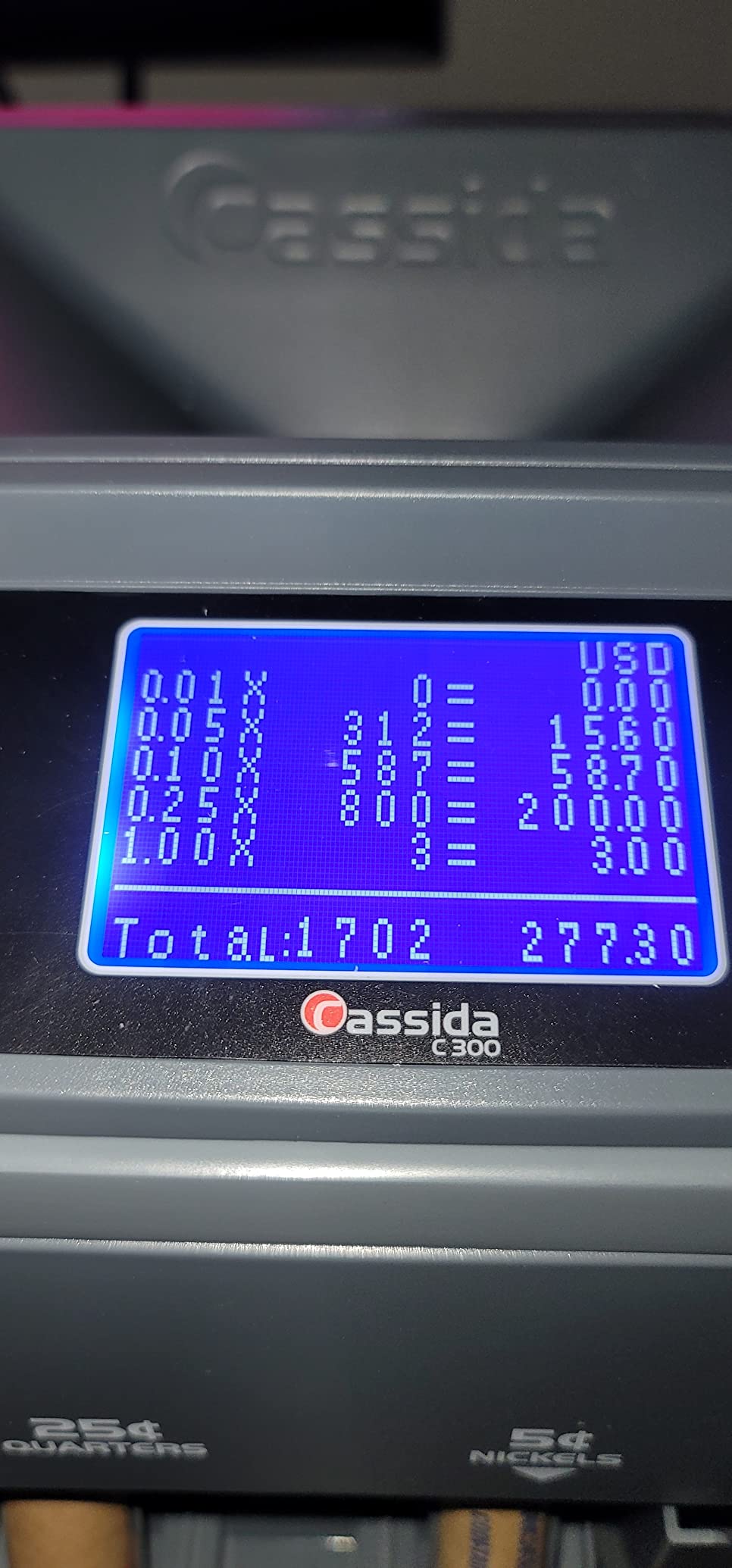 Cassida C300 Professional USD Coin Counter, Sorter and Wrapper/Roller, 300 Coins/min, with Quickload and Printing-Compatible, Gray customer photo 1