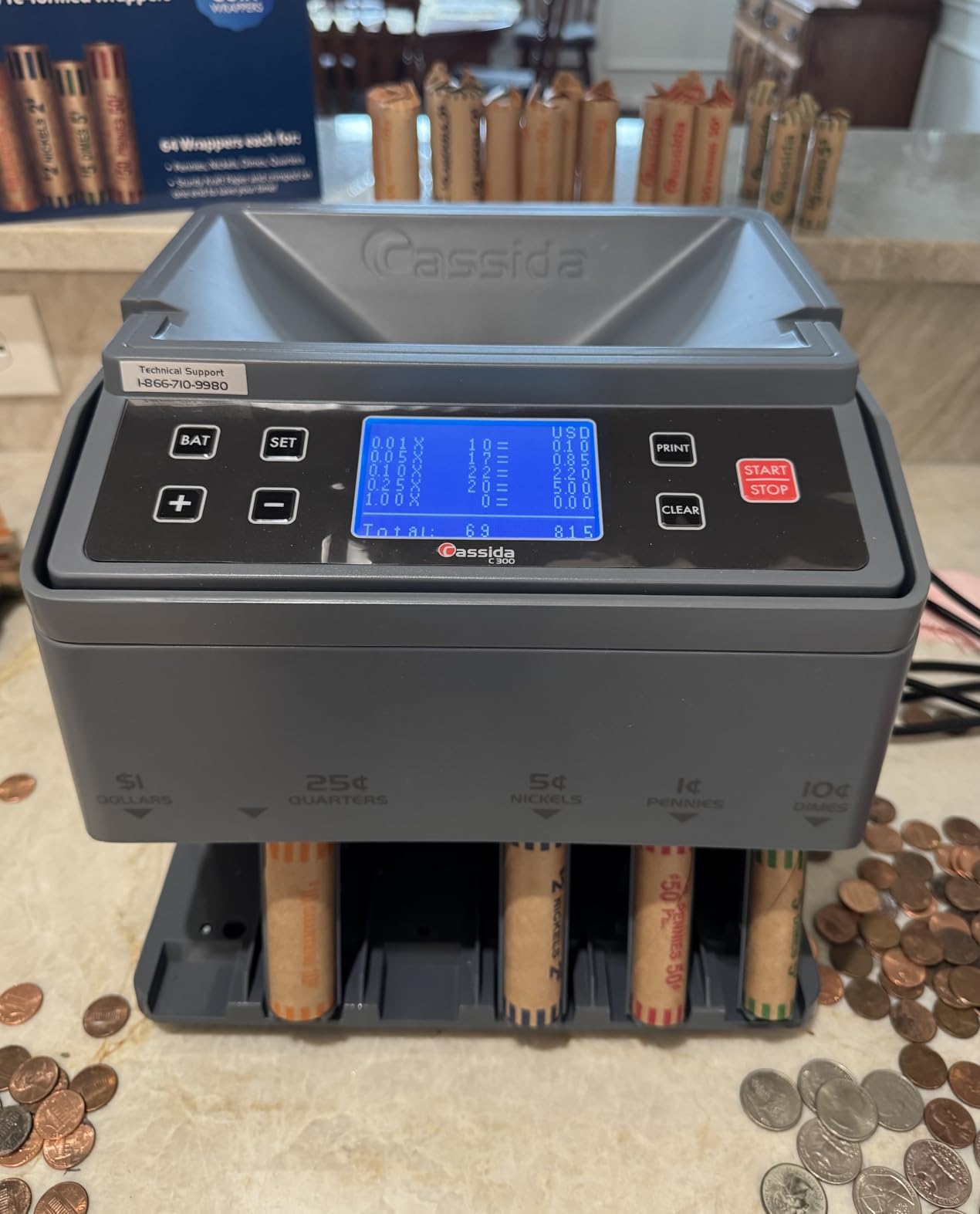 Cassida C300 Professional USD Coin Counter, Sorter and Wrapper/Roller, 300 Coins/min, with Quickload and Printing-Compatible, Gray customer photo 2