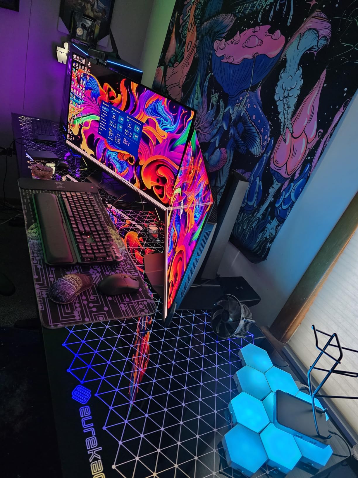 EUREKA ERGONOMIC RGB LED Gaming Desk, Music Sync Lights Up Tempered Glass Desktop, 43