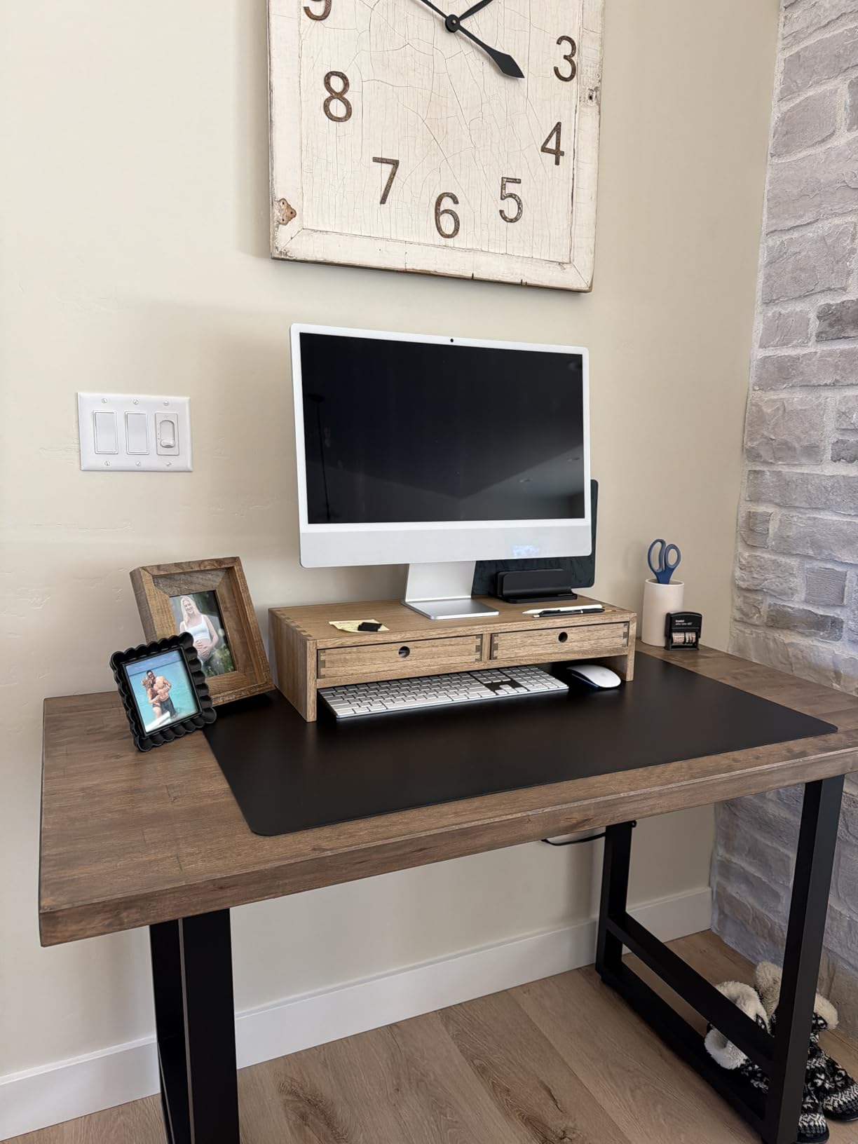 KIRIGEN Solid Wood Monitor Stand with 2 Drawers, Desk Riser, Brown PMJ-DBR | Desktop Organizer with Cable Opening and Pen Slots Stores Office Supplies, Supports Up To 50 Lb and Arrives Fully Assembled customer photo 1