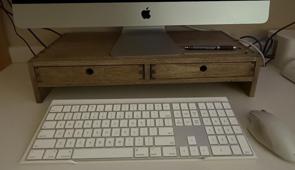 KIRIGEN Solid Wood Monitor Stand with 2 Drawers, Desk Riser, Brown PMJ-DBR | Desktop Organizer with Cable Opening and Pen Slots Stores Office Supplies, Supports Up To 50 Lb and Arrives Fully Assembled customer photo 2
