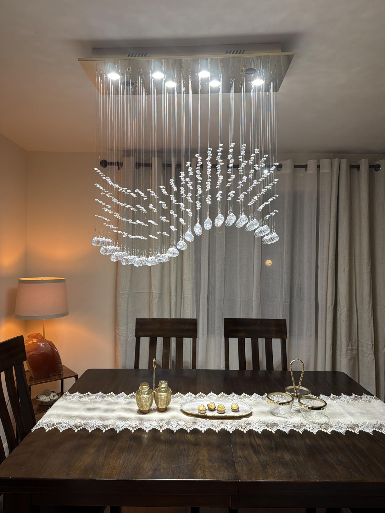 Siljoy Rectangular Flush Mount Wave Chandelier for Dining Room, L47'' | Modern Rectangle Crystal Raindrop Chandelier, Dimmable Ceiling Light, 12-Lights, K9 Crystal, Chrome, Living Room Kitchen customer photo 1