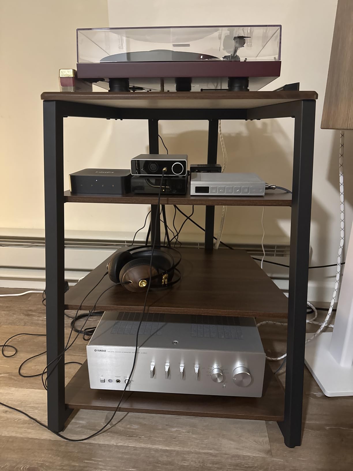 FITUEYES 4-Tier AV Media Stand Corner Shelf for Record Player HiFi, Walnut | Wooden Stereo Cabinet with Height Adjustable, Audio Rack Tower Wooden Shelves for Bedroom Living Room, Eiffel Series customer photo 2