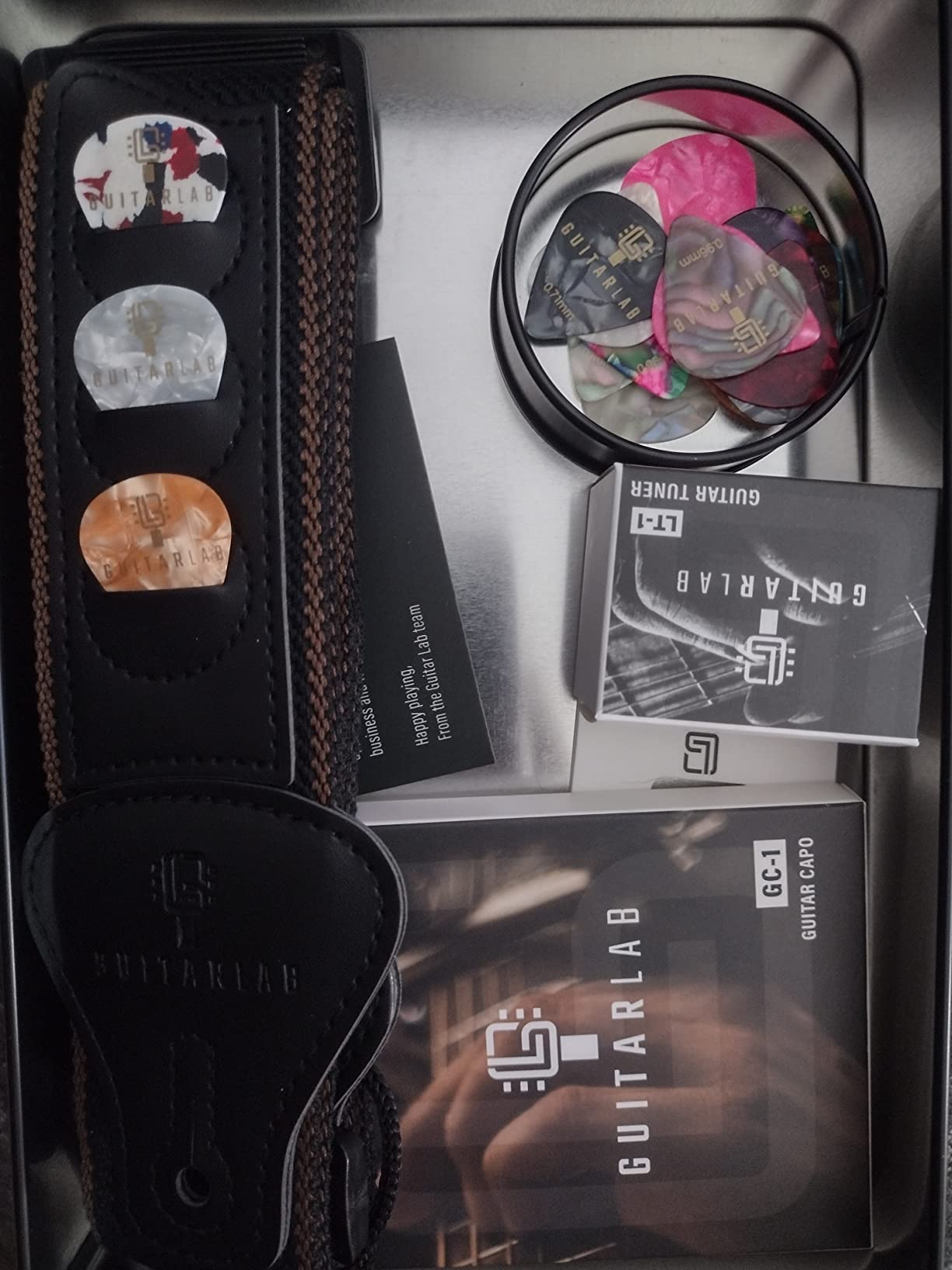 Guitar Lab Guitar Accessories Kit - Strap, Capo, Tuner & Picks Gift Set in Premium Metal Tin customer photo 2