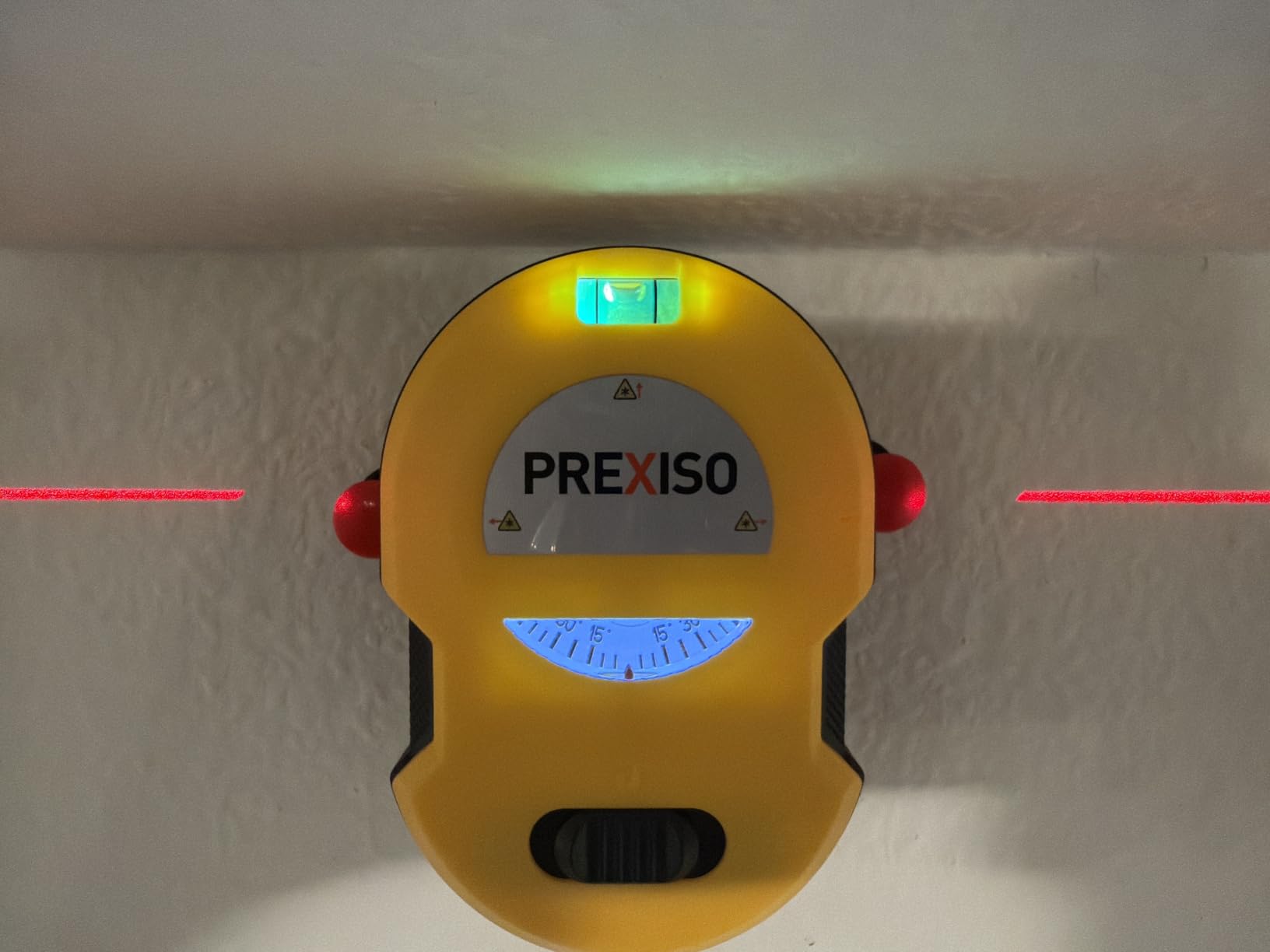 PREXISO Multi Surface Laser Level LED Light Vial, 30Ft Cross Line Laser | Clear Horizontal & Vertical Lines, Wall Mount, 2 Pins, 10 Sticker, 2 AA Batteries for Hanging Frames & Picture, Wall Marking customer photo 1