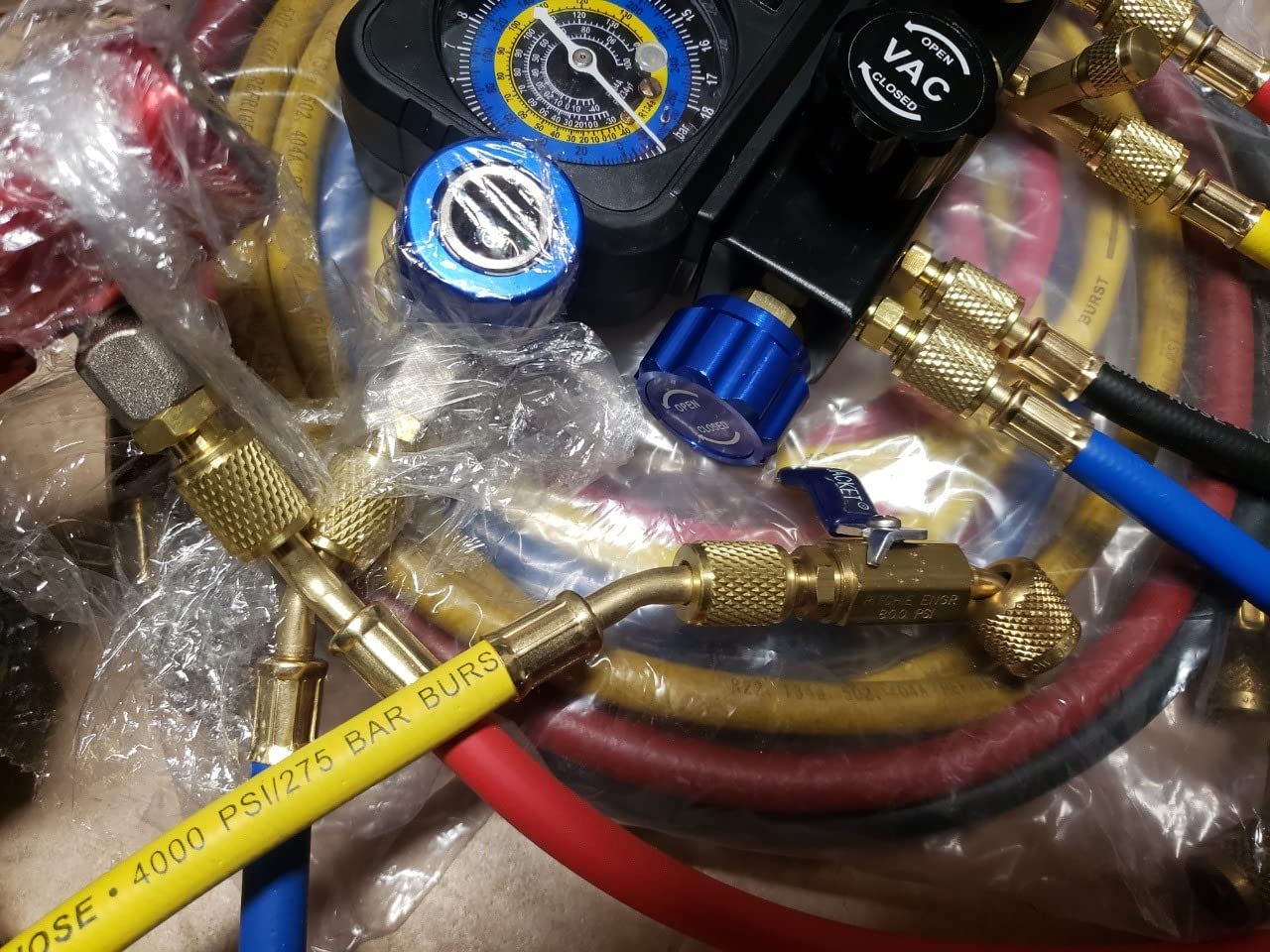 OMT AC Manifold Gauge Set with 5ft Hoses for R1234yf R404a R134a, 4 Way | Includes Quick Couplers Self Sealing Can Taps for Car Freon Charging & Evacuation; Aluminum Body; Ideal for Freon Recharge customer photo 1