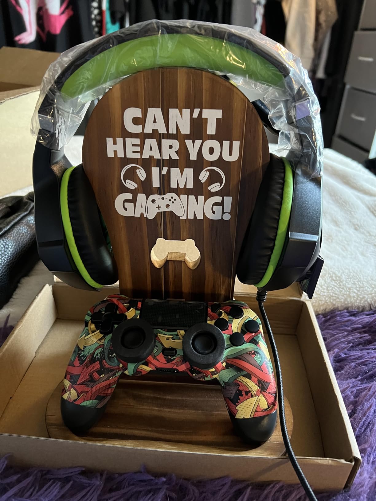 Gamer Gifts for Teenage Boy, Son, Boyfriend, Husband, Gamer Room Decor for Man, Teen Boy Gaming Accessories, Wooden Gaming Headset Stand customer photo 1