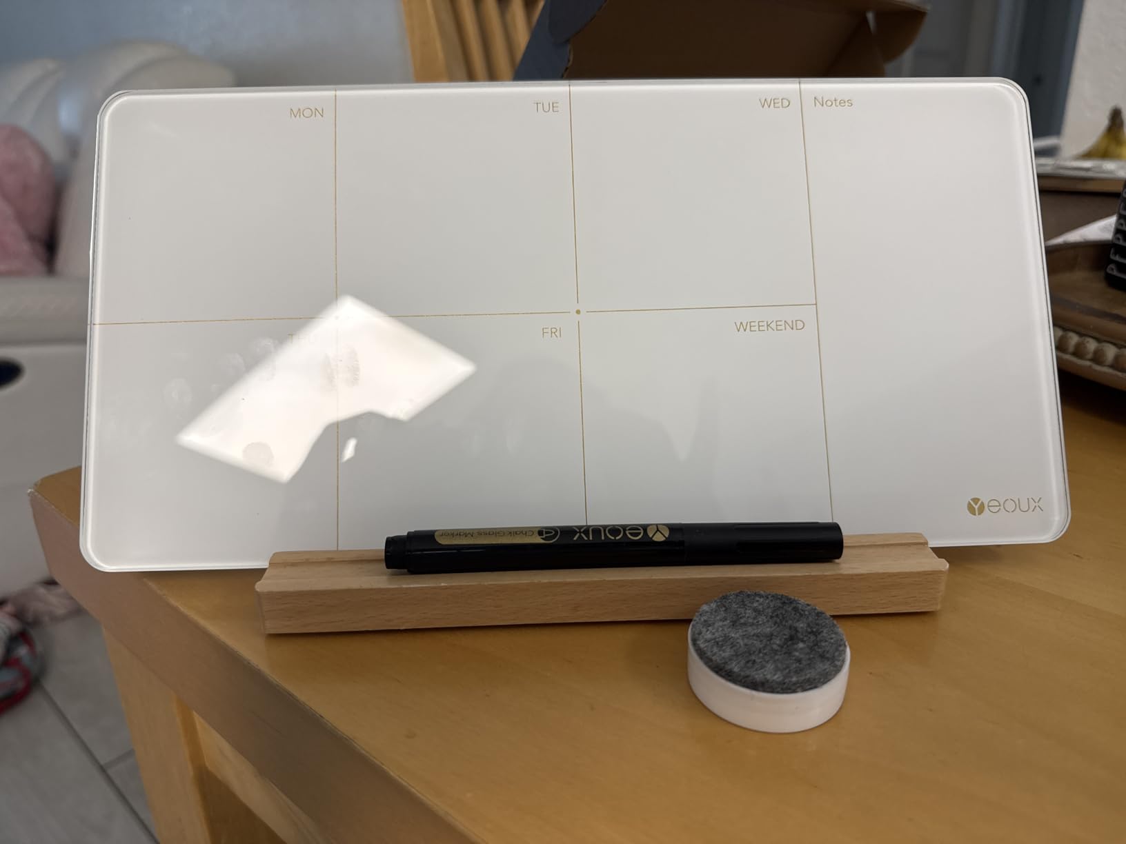 Desktop Glass Weekly Planner Whiteboard with Detachable Wood Stand, Small Portable Dry Erase Calendar to Do List White Board 12x6