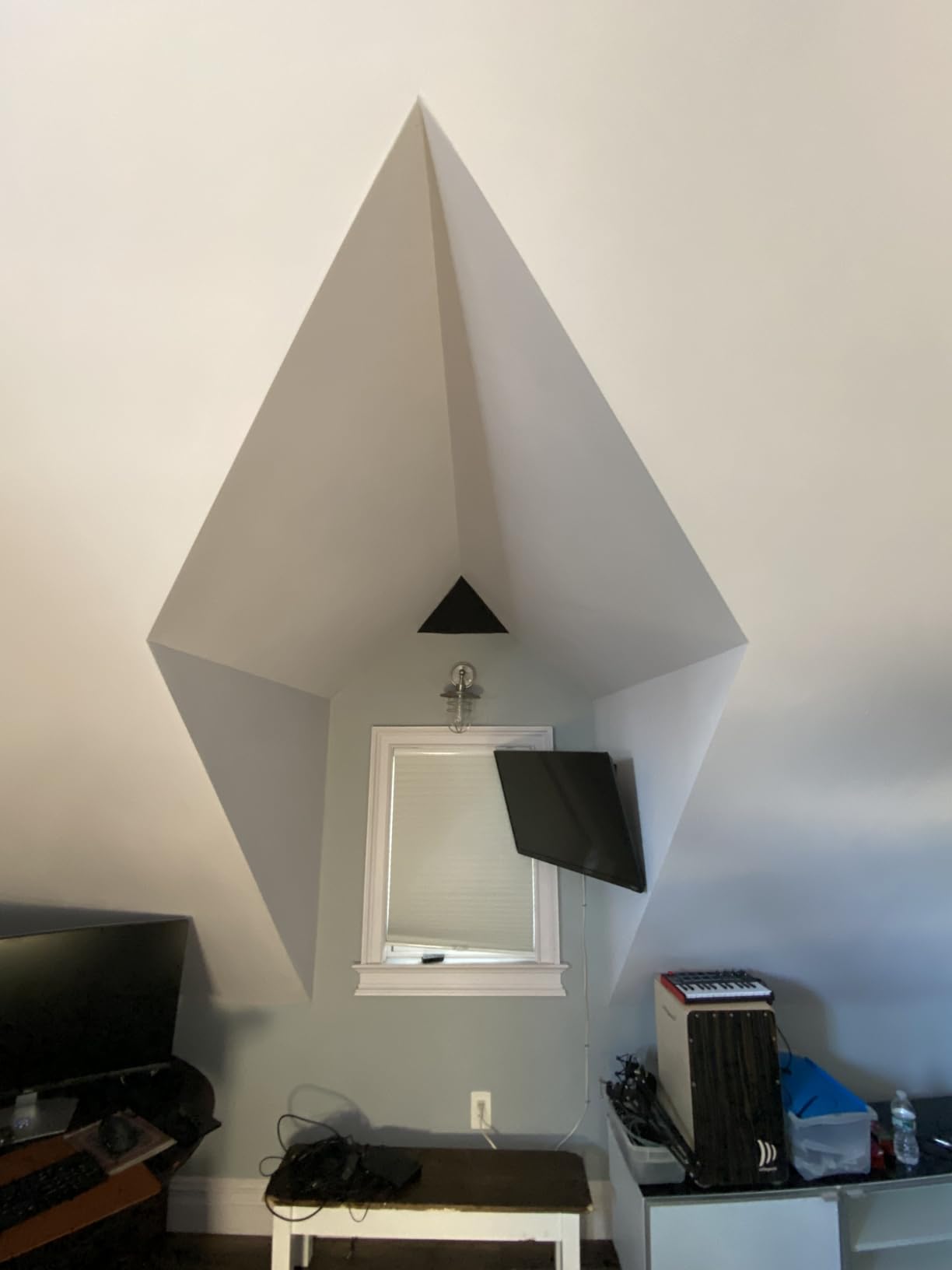 Foroomaco Triangular Pyramid Bass Traps for Ceiling Corners, 4 Pack, Black | 16.5 in face, 12 in deep sound absorbing acoustic foam for bass control in studios, podcast rooms and home theaters customer photo 1