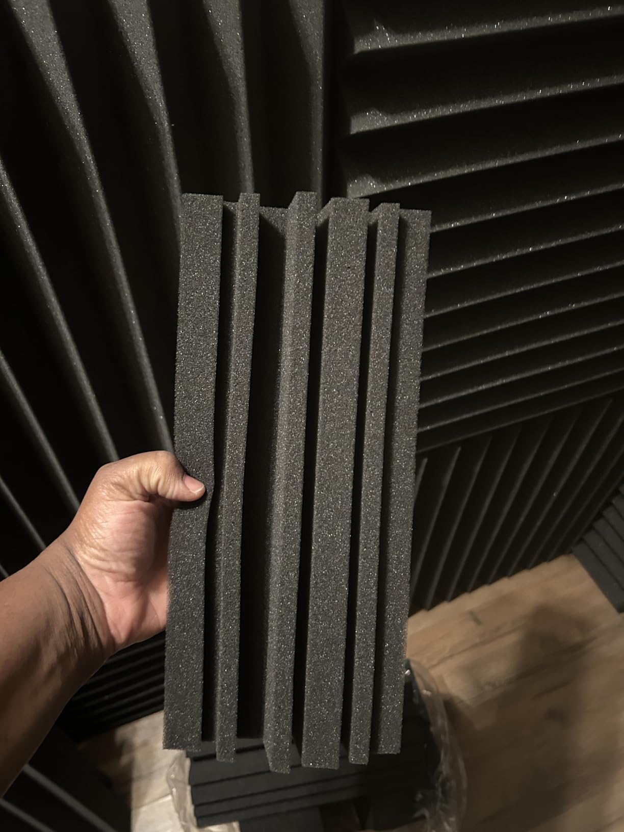 TroyStudio Bass Traps - 12 Pcs 4 X 4 X 12 Inches Dense Thick Studio Bass Foam Corner, Acoustic Treatment Panel Absorbing Echo Reverb, Low Frequency Sound Absorber for Music Room Home Recording Studio customer photo 2