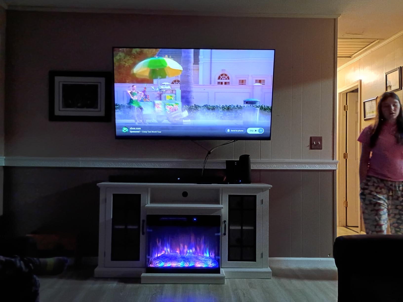 AMERLIFE 3-Sided Glass Fireplace TV Stand for TVs up to 65'' with 12 Color, Media Entertainment Center Console Table with Doors Closed Storage, White customer photo 1