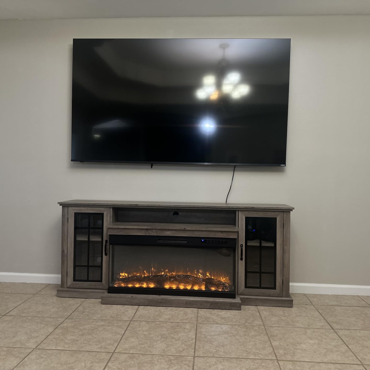 AMERLIFE 3-Sided Glass Fireplace TV Stand for TVs up to 65'' with 12 Color, Media Entertainment Center Console Table with Doors Closed Storage, White customer photo 2