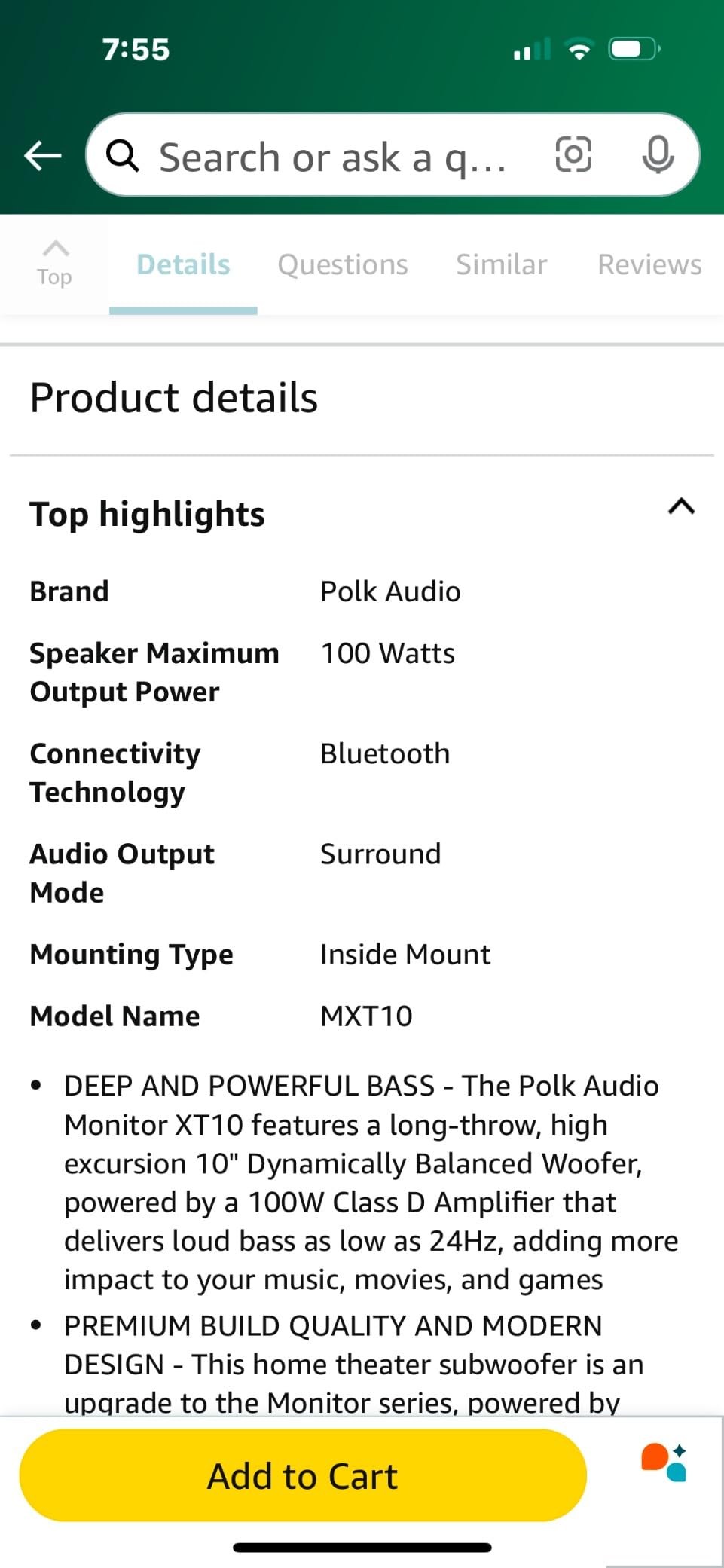 Polk Monitor XT10 Home Subwoofer, 10