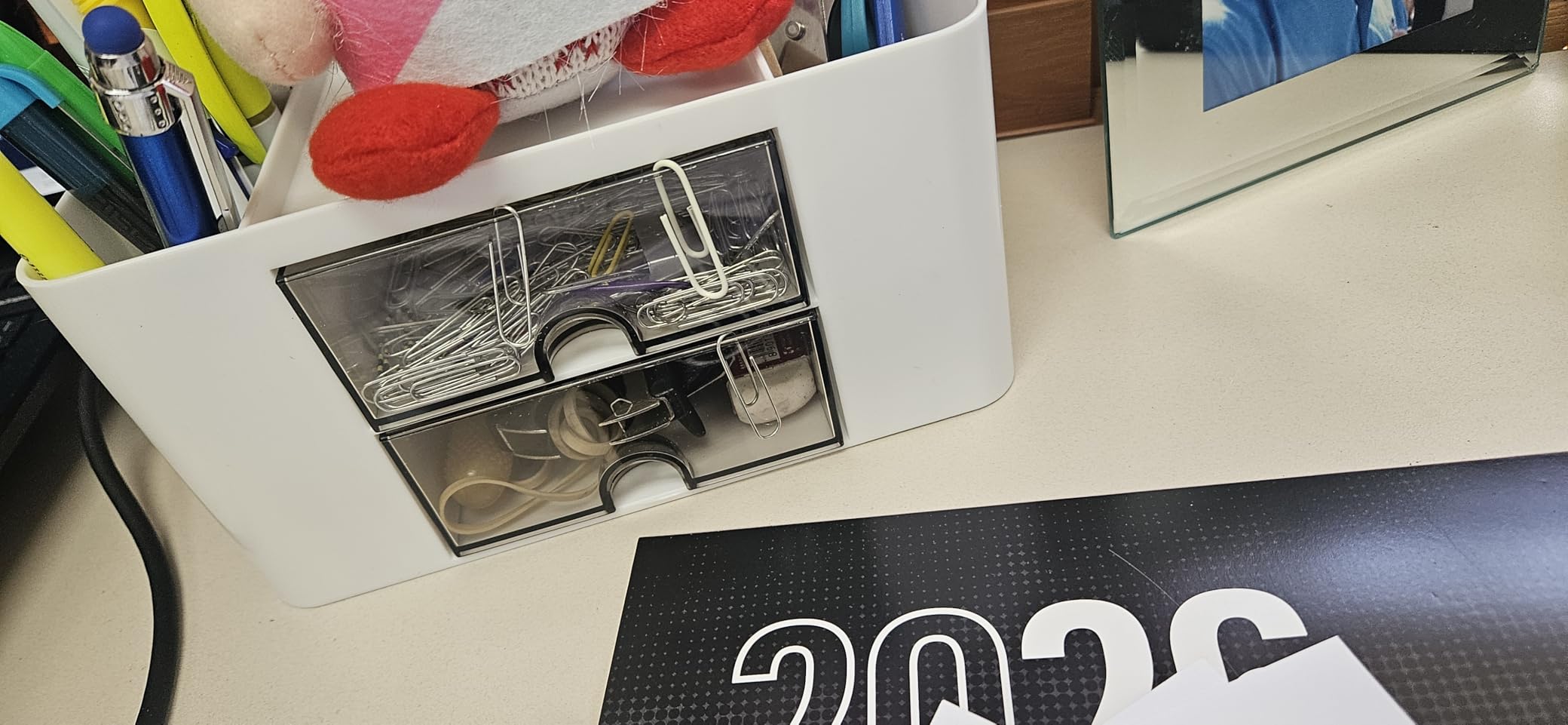 Marbrasse Pen Organizer with 2 Drawer, Multi-Functional Pencil Holder for Desk, Desk Organizers and Accessories with 5 Compartments + Drawer for Office Art Supplies (White) customer photo 1