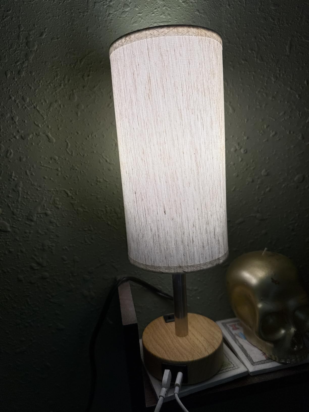 Bedside Table Lamp for Bedroom - Dimmable Touch, USB A+C, AC Outlet | 3-Way Dimmable, LED Bulb Included, Fabric Lampshade, Wood-Grain Metal Base, 14