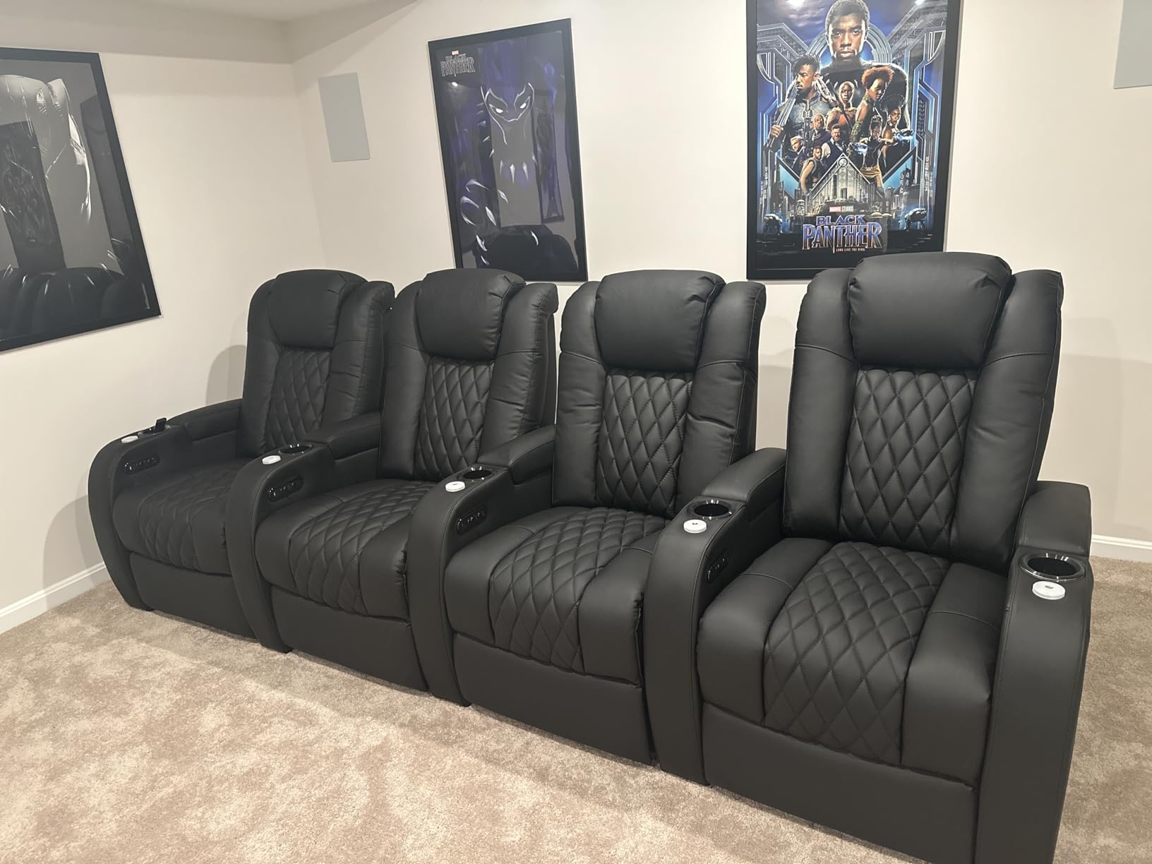 Weilianda Home Theater Seating, Top Grain Leather Movie Theater Chair | Black Row of 4 Loveseat Middle, Zero Gravity, Power Headrest, Tray Table, Electric Reclining Seat for Media Room customer photo 1