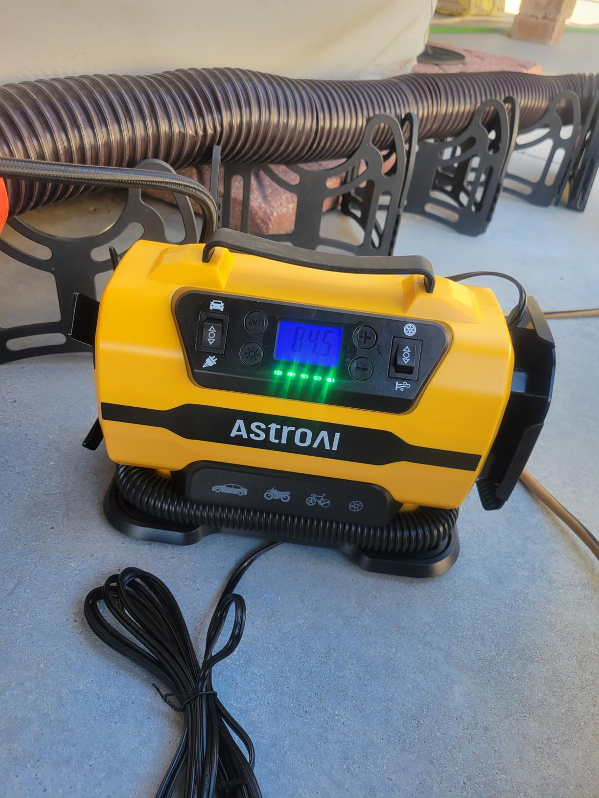 AstroAI Tire Inflator Portable Air Compressor Pump 150PSI 12V DC/110V AC with Dual Metal Motors&LED Light, Automotive Car Accessories&Two Modes for Car, Bicycle Tires and Air Mattresses, Yellow customer photo 2