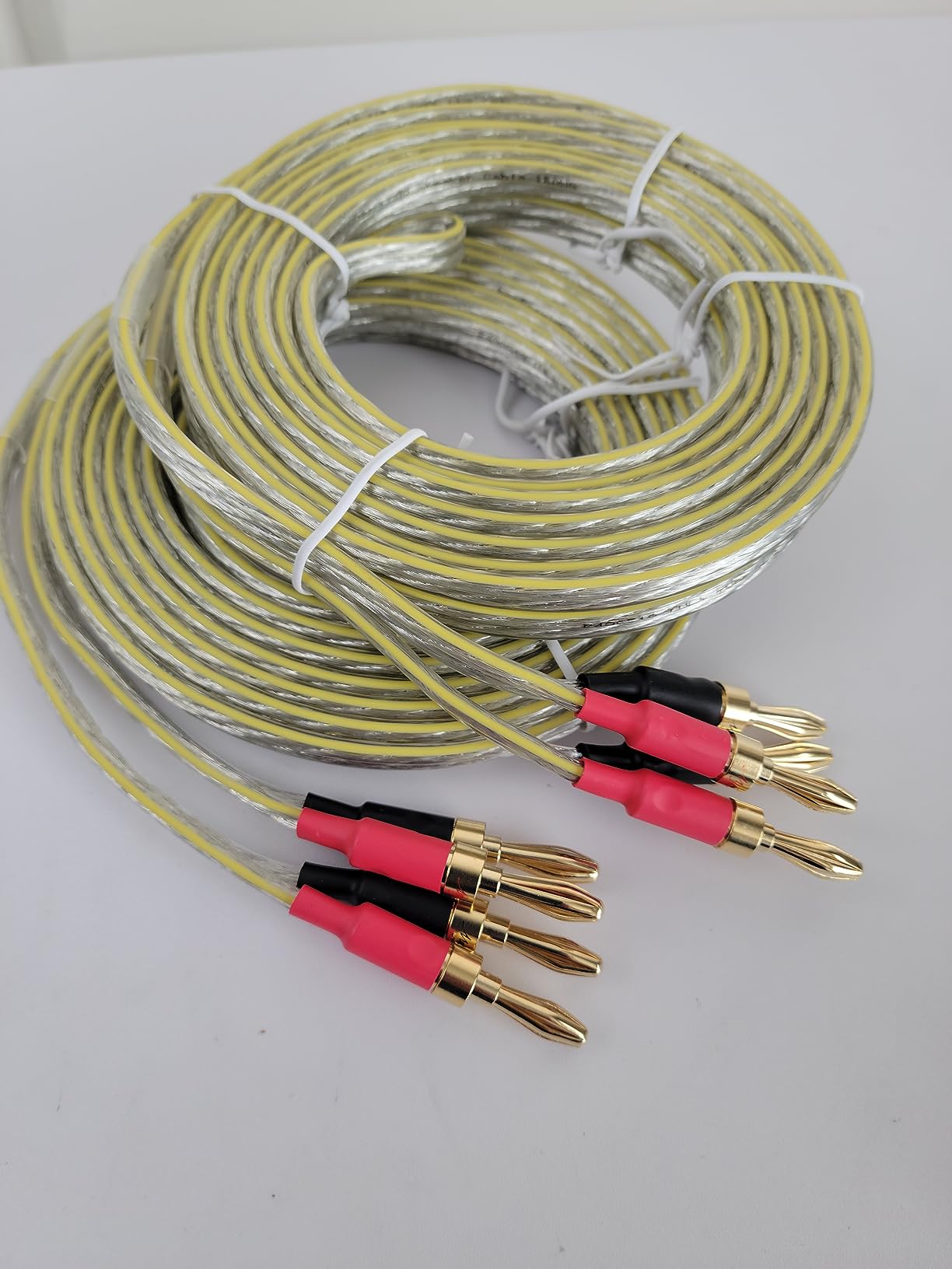 2 Pack 16/2 Speaker Flat Wire Cable with Banana Tip Plugs 4 FT, 16 Gauge AWG Wire, Tinned OFC Copper, Transparent Jacket with Yellow Polarity Marker, for Indoor & Outdoor, Hi-Fi customer photo 1