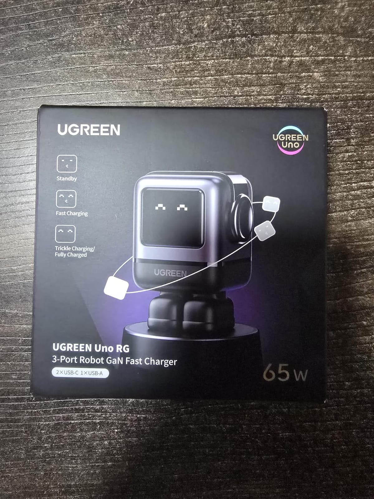 UGREEN Uno 65W USB C Charger Block, Nexode 3-Port GaN Fast Charger with Screen, Fun Robot Gifts for Men Women, Compatible with iPhone 17, MacBook Pro/Air/Neo, XPS, Galaxy S26, Steam Deck, Black customer photo 1