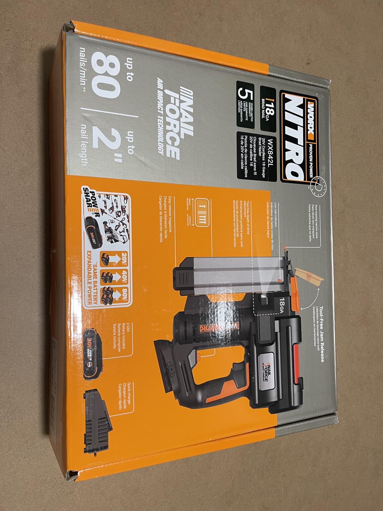 WORX Cordless Brad Nailer, 20V 18GA Nail Gun, WX842L | Up to 2-in Nails and Tool-Free Jam Release for Trimming, Molding and Baseboards, Battery and Charger Included, PowerShare customer photo 2