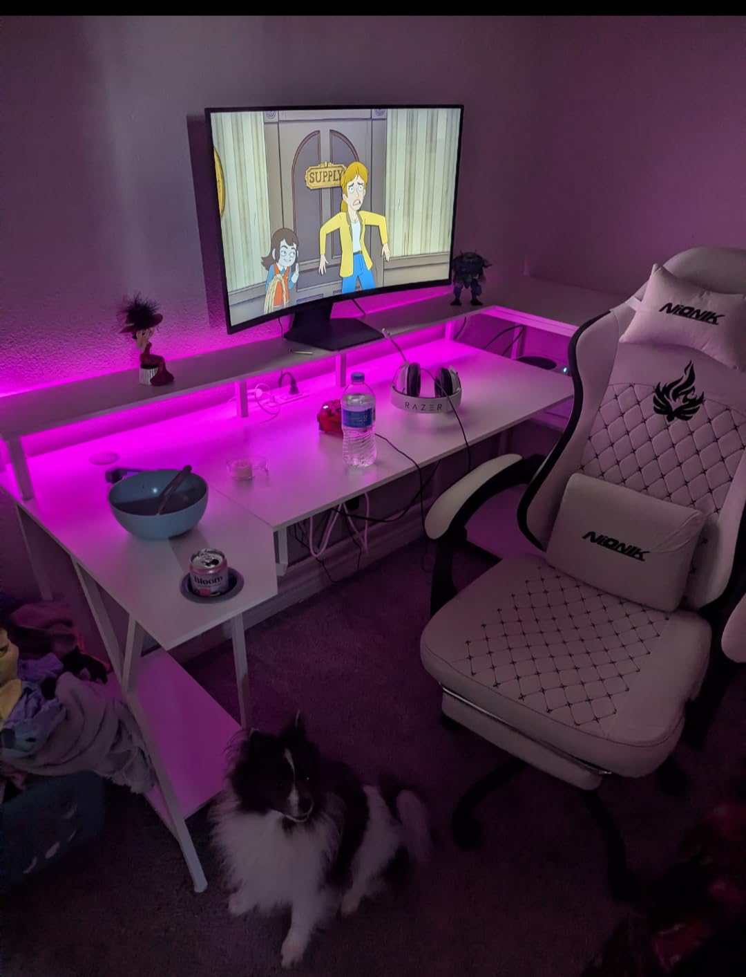 SEDETA Gaming Desk 70.8'' with LED Lights, Storage Shelves, Power Outlets, White customer photo 2